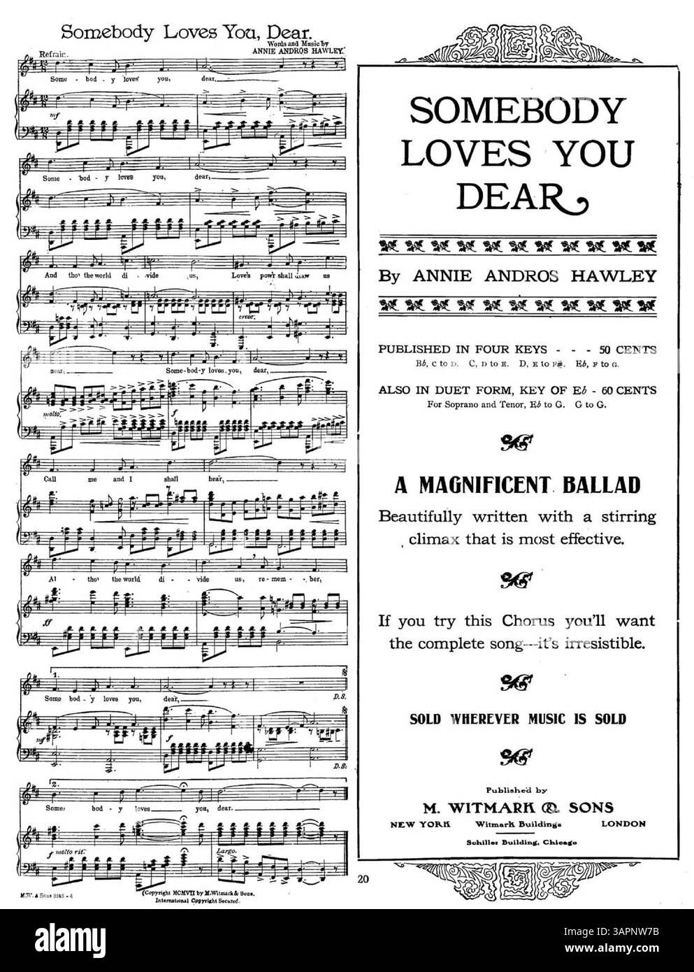 Partition pour 'Gay Butterfly' avec le numéro de plaque 8828. La reprise comprend la chanson The Farrar Waltz Song chantée par Miss Geraldine Farrar. La couverture arrière est une grande publicité pour la chanson Somebody Loves You Dear d'Annie Andros Hawley. La traduction française de Marie Madeleine Suck apparaît à la page 2. Banque D'Images
