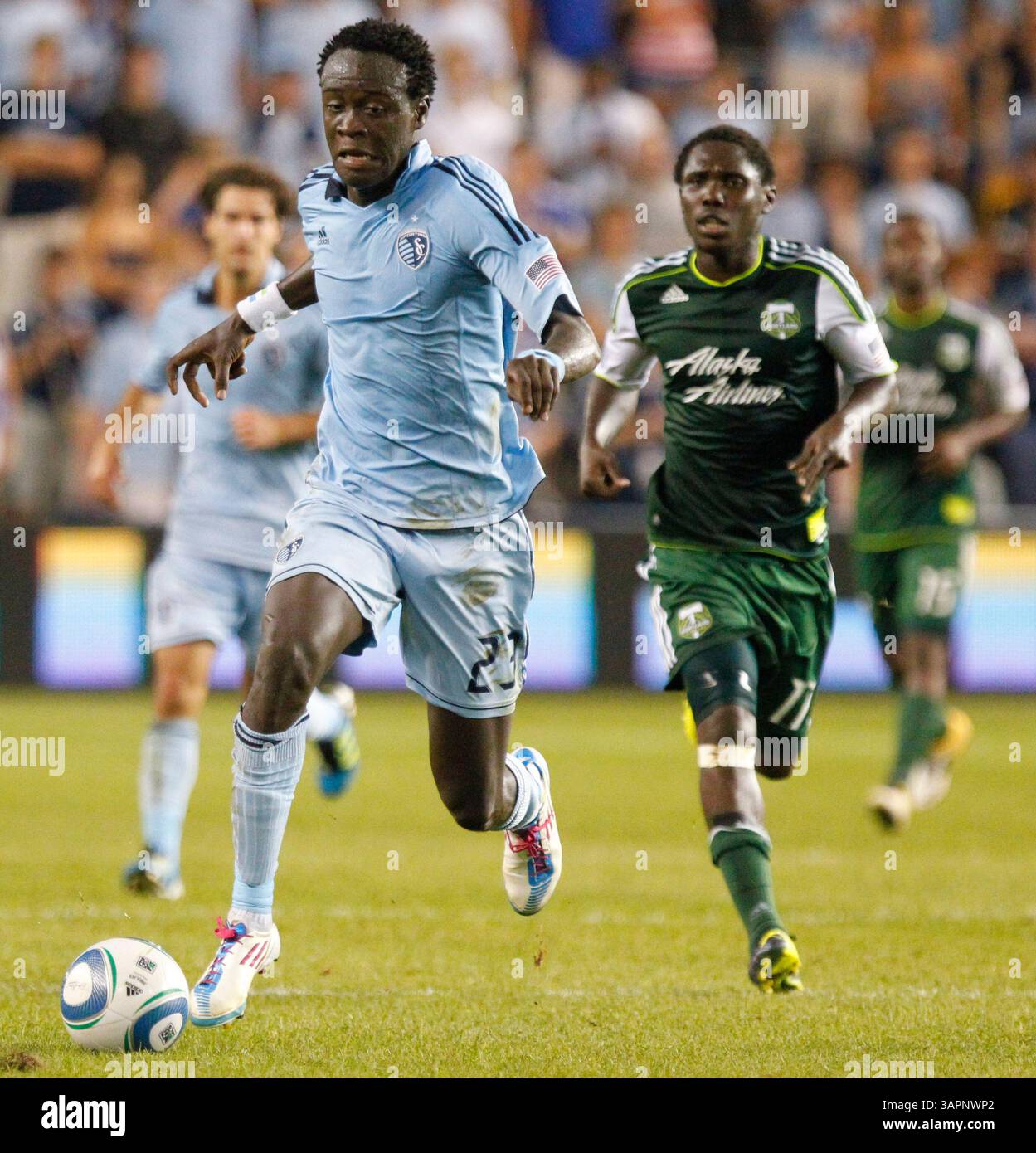 17 août 2011 : Kei Kamara #23 de Kansas City en action lors du match de la MLS entre le Portland Timbers FC et le Sporting Kansas City au LIVESTRONG Stadium de Kansas City KS(image crédit : © Kyle Rivas/Cal Sport Media/ZUMAPRESS.com) Banque D'Images