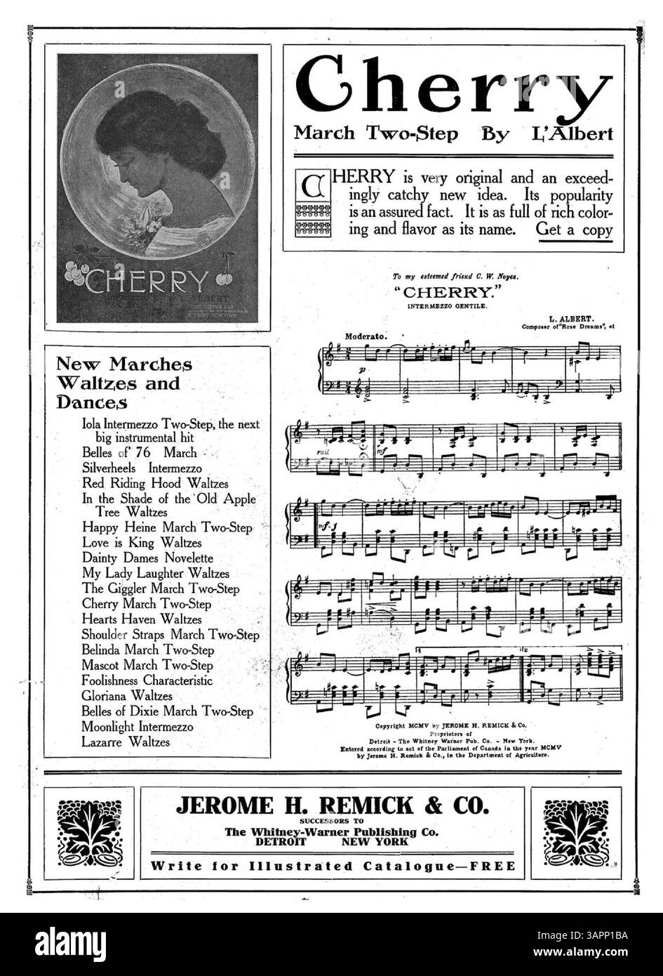 Cette partition musicale pour 'Mascot Mascot' comprend une marche et deux étapes. La couverture intérieure présente une publicité pleine page pour diverses chansons publiées par Jerome H. Remick & Co, y compris un extrait musical pour la chanson Cherry. La couverture arrière comprend une publicité imprimée en bleu pour la chanson 'Golden Sunset' avec un autre extrait musical. Banque D'Images
