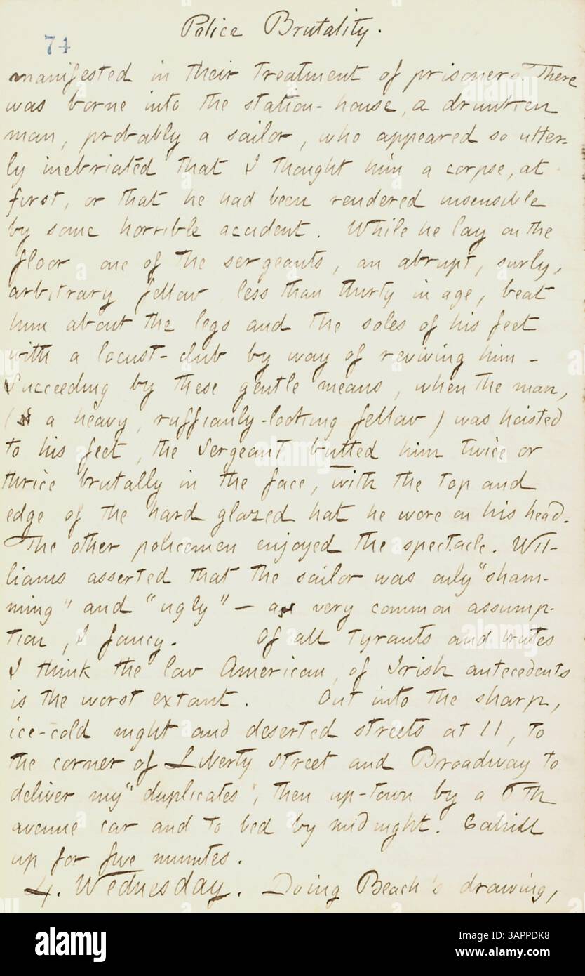Dans cette entrée du 3 au 4 décembre 1861, Thomas Butler Gunn décrit avoir été témoin de brutalités policières au poste de police Fourth Ward. Il raconte le traitement violent d'un prisonnier, reflétant les tensions sociales pendant la guerre de Sécession. Banque D'Images