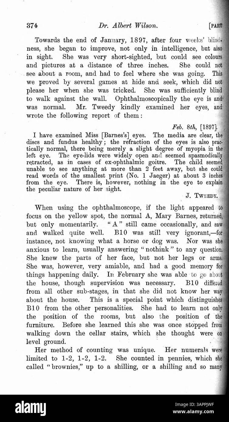 Cet article aborde le cas de Mary Barnes, qui a développé plusieurs personnalités à l’âge de 12 ans en 1894, suite à une maladie. Au fil du temps, 10 personnalités distinctes ont émergé, certaines ayant des handicaps comme la surdité, la cécité et la paralysie. Dr Wilson offre une description détaillée des personnalités, de leurs caractéristiques et de leur chronologie. L’article comprend également des lettres écrites par les différentes personnalités de Marie et donne un aperçu du système nerveux. Banque D'Images