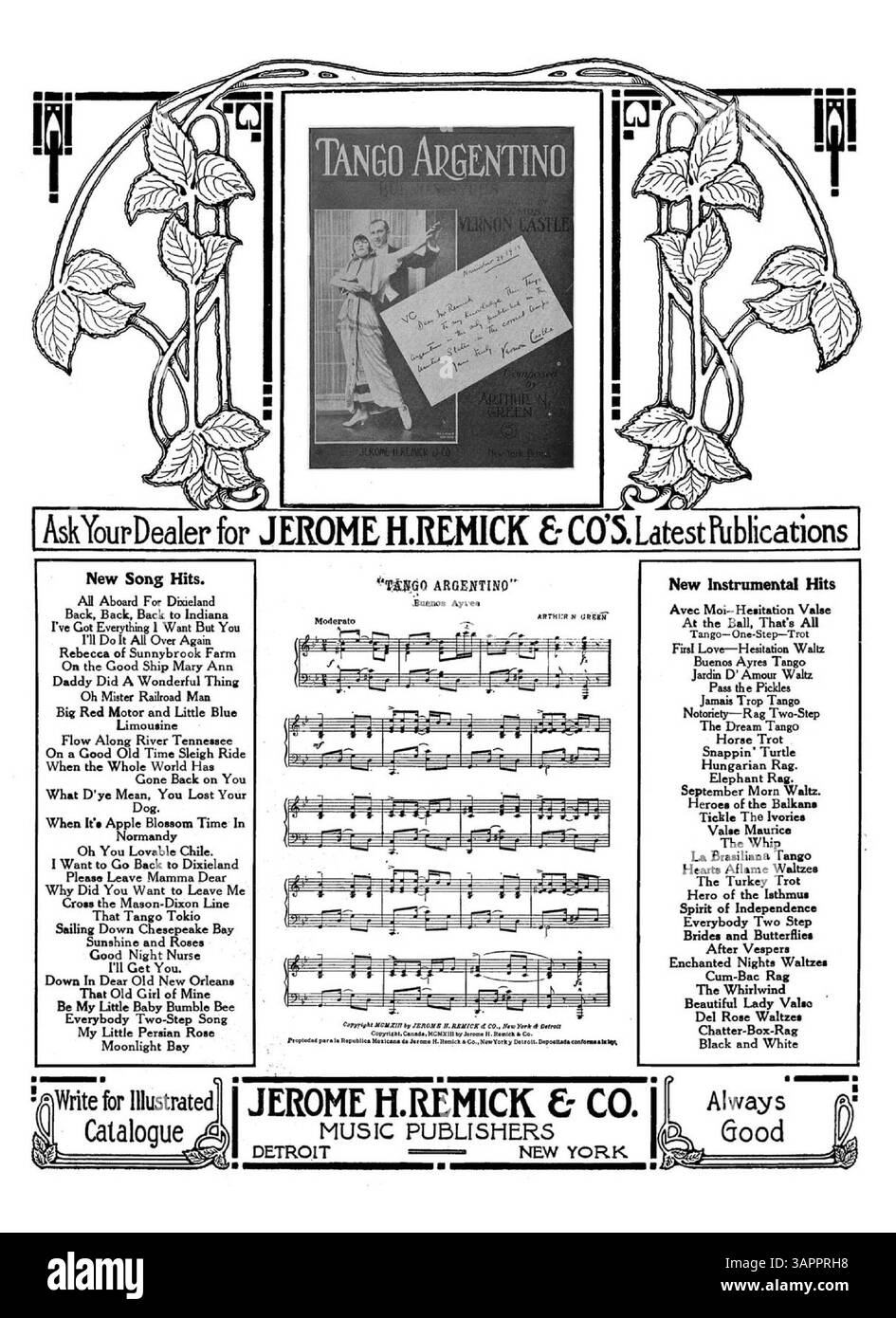 Le 'Persian Garden Tango' présente des publicités de Jerome H. Remick & Co. pour leurs dernières publications. La pochette intérieure comprend un extrait musical de Tango Argentino, tandis que la pochette arrière promeut la chanson Pass the Pickles. Cette publication met en lumière la musique populaire du début du XXe siècle. Banque D'Images