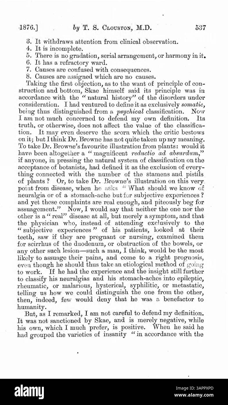 Cet article porte sur le débat entre Dr Browne et Dr Skae sur la classification des maladies mentales. Dr Browne soutient la classification des symptômes, tandis que Dr Skae soutient que les symptômes ne devraient pas être traités comme des maladies. L'article critique les deux méthodes et évalue quelle approche de classification mène à un processus de diagnostic plus efficace pour les troubles mentaux. Banque D'Images