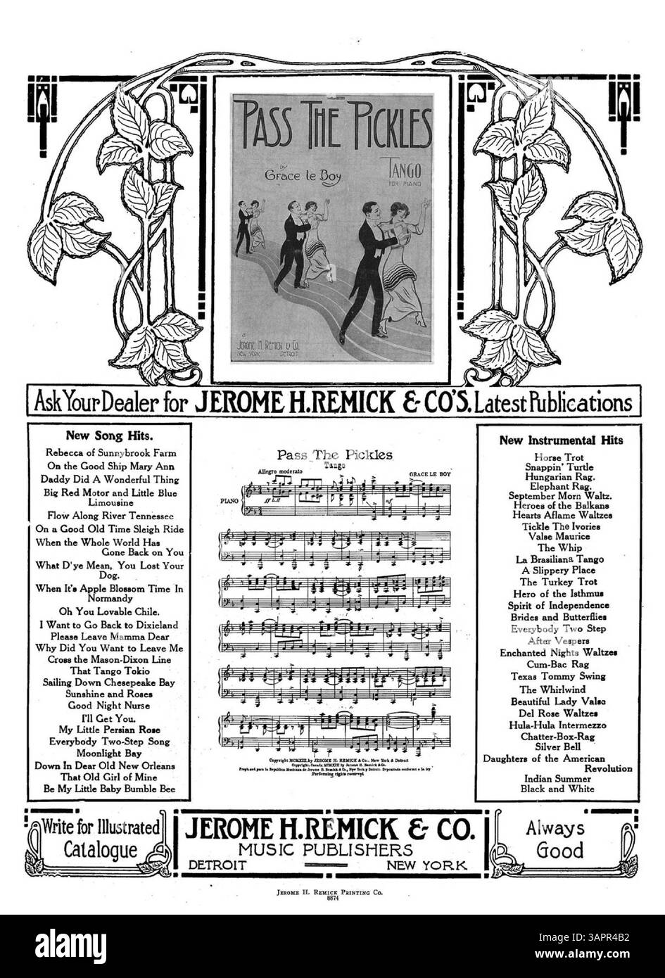 Le 'Persian Garden Tango' présente des publicités de Jerome H. Remick & Co. pour leurs dernières publications. La pochette intérieure comprend un extrait musical de Tango Argentino, tandis que la pochette arrière promeut la chanson Pass the Pickles. Cette publication met en lumière la musique populaire du début du XXe siècle. Banque D'Images