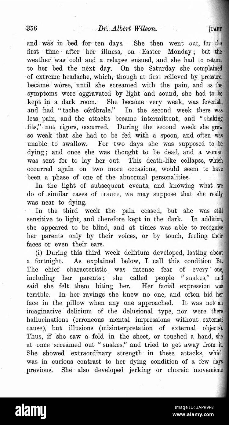 Cet article détaille le cas de Mary Barnes, qui a commencé à montrer de multiples personnalités après une maladie à 12 ans en 1894. Dix personnalités distinctes ont émergé sur plusieurs années. Chaque personnalité présentait des caractéristiques physiques et mentales différentes, telles que la cécité, la paralysie ou une faible intelligence. Dr Wilson documente l'arrivée et le départ de chaque personnalité et offre une brève explication du système nerveux. Des lettres des personnalités de Marie sont incluses. Banque D'Images