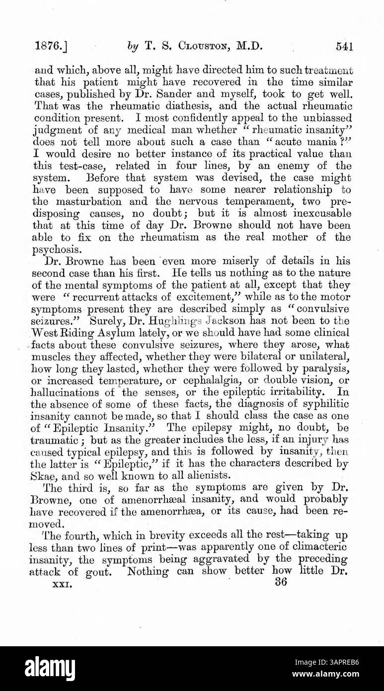 Cet article présente les objections de Dr Browne à la méthode de classification des maladies mentales de Dr Skae, où Dr Browne appuie la classification des symptômes et Dr Skae s’oppose à ce point de vue. L’article examine de manière critique les deux méthodes de classification afin de déterminer quelle approche fournit le diagnostic le plus précis des troubles mentaux. Banque D'Images