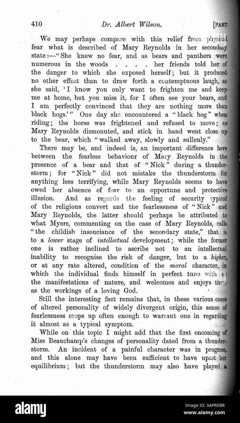 L’article examine le cas de Mary Barnes, qui, à l’âge de 12 ans en 1894, a développé 10 personnalités distinctes après une maladie. Les personnalités présentaient des traits variés tels que la cécité, la paralysie et la surdité. Chaque personnalité avait ses propres caractéristiques uniques, y compris ses connaissances et ses capacités. Dr Wilson a enregistré les détails de l’apparition et de la durée de chaque personnalité, et a également inclus des lettres écrites par les personnalités. Banque D'Images