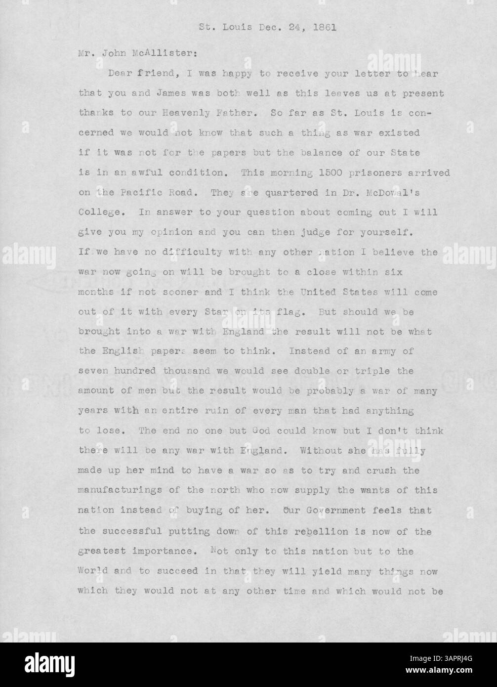 Sam Cupples, dans un livre intitulé Louis, écrit à John McAllister le 24 décembre 1861, spéculant sur l'issue de la guerre de Sécession et exprimant l'incertitude généralisée entourant le conflit. Banque D'Images