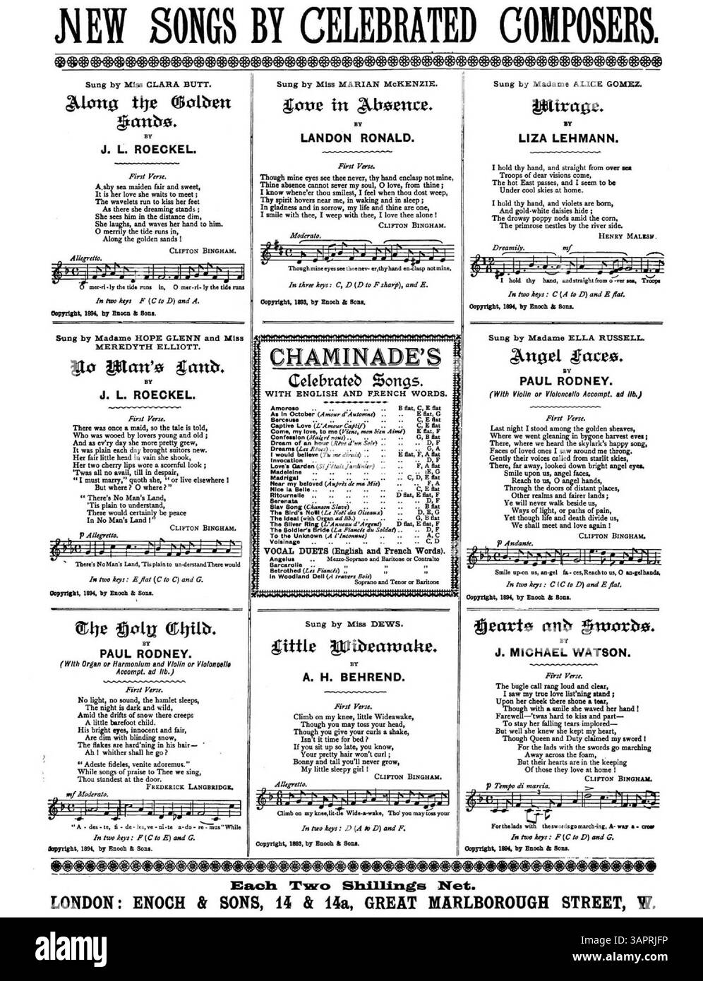 La partition de The Miller's Daughter, chantée par M.R. Charles Chilley, avec des paroles de Lord Tennyson et une musique d'Ellen Wright. La couverture présente des publicités pour de nouvelles chansons et publications, avec des extraits musicaux à l'intérieur. Numéro de plaque : E.&S. 2219. Version 2 en F. la représentation des couleurs dans l'image numérique peut différer de l'original. Banque D'Images