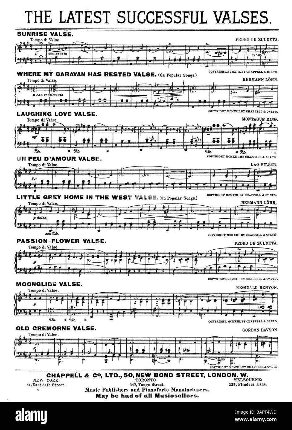 Partition pour la valse Rose in the Bud, avec des publicités pour The Latest Success Valses sur la couverture arrière. La pochette comprend de petits extraits de chansons publiées par Chappell & Co Ltd. Le numéro de plaque est 25856. Banque D'Images
