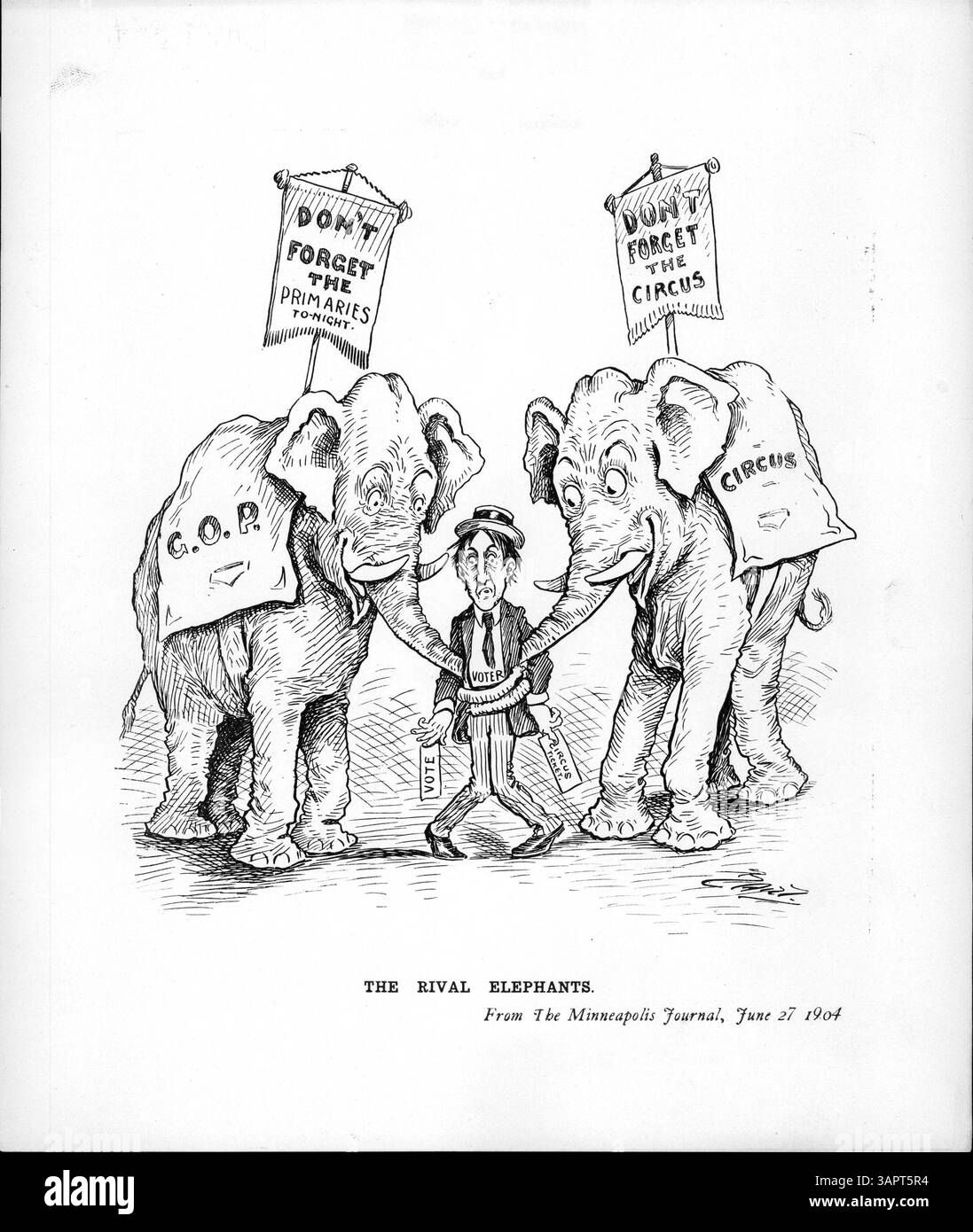 Ce dessin illustre la compétition entre l'éléphant républicain et un éléphant de cirque pendant les Primaries républicaines, l'éléphant de cirque symbolisant les distractions et la compétition pour attirer l'attention des électeurs. Banque D'Images