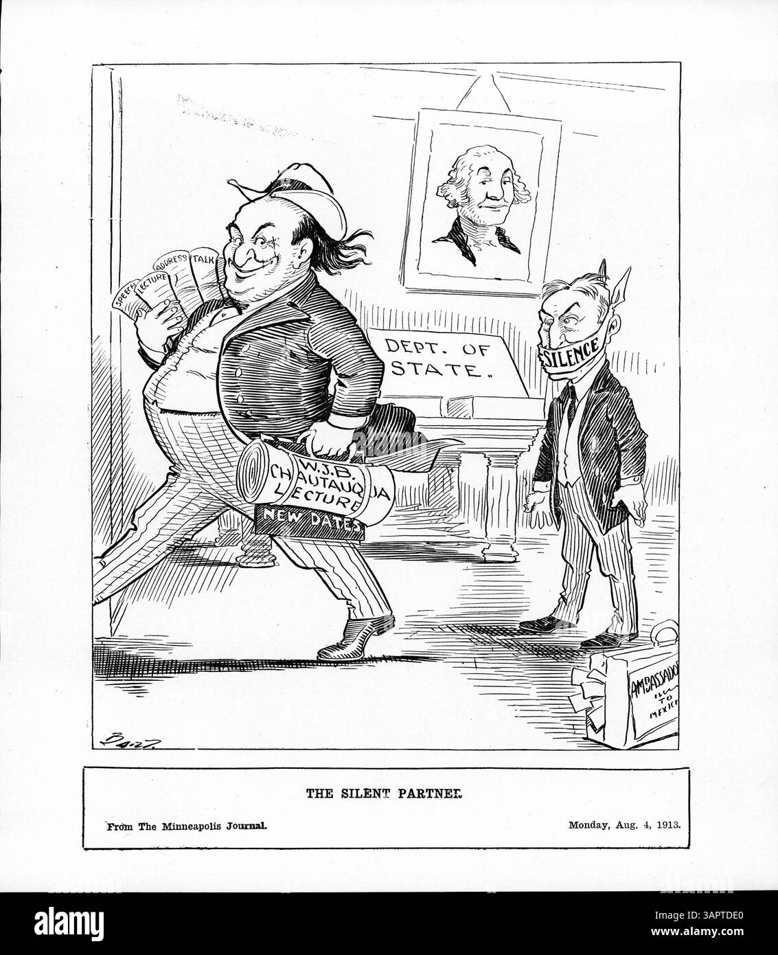 « The Silent Partner » représente le départ de William Jennings Bryan du département d'État pour donner des conférences à Chautauqua, laissant derrière lui Henry Lane Wilson avec un bâillon symbolique de silence. Banque D'Images