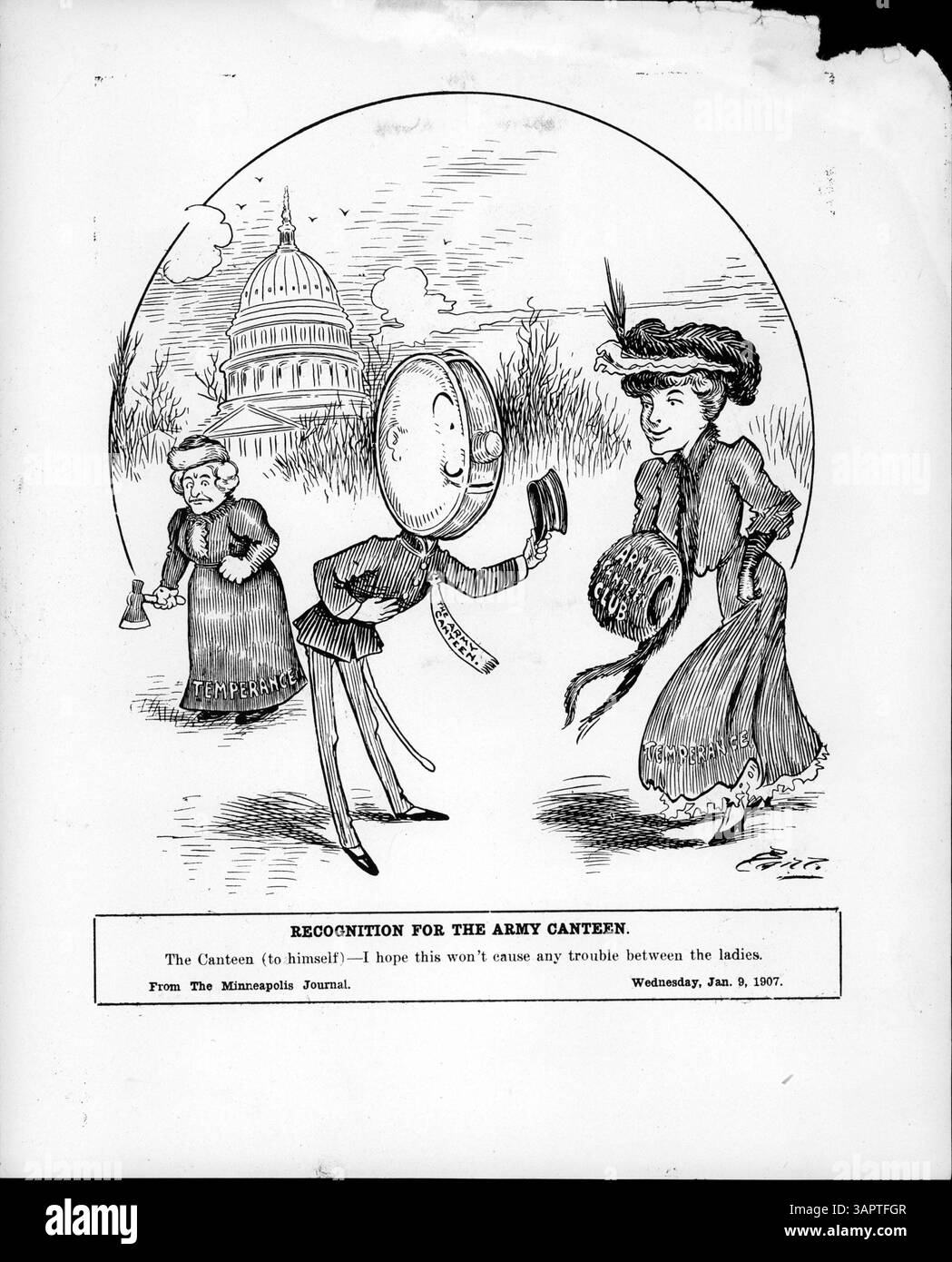 La cantine de l'armée, qui vendait autrefois de l'alcool sur les bases de l'armée, a été abolie en raison de son rôle dans la promotion du désordre. Les femmes ont plaidé pour son retour, tandis que Carrie Nation a fait campagne pour l'interdiction totale de l'alcool. Banque D'Images