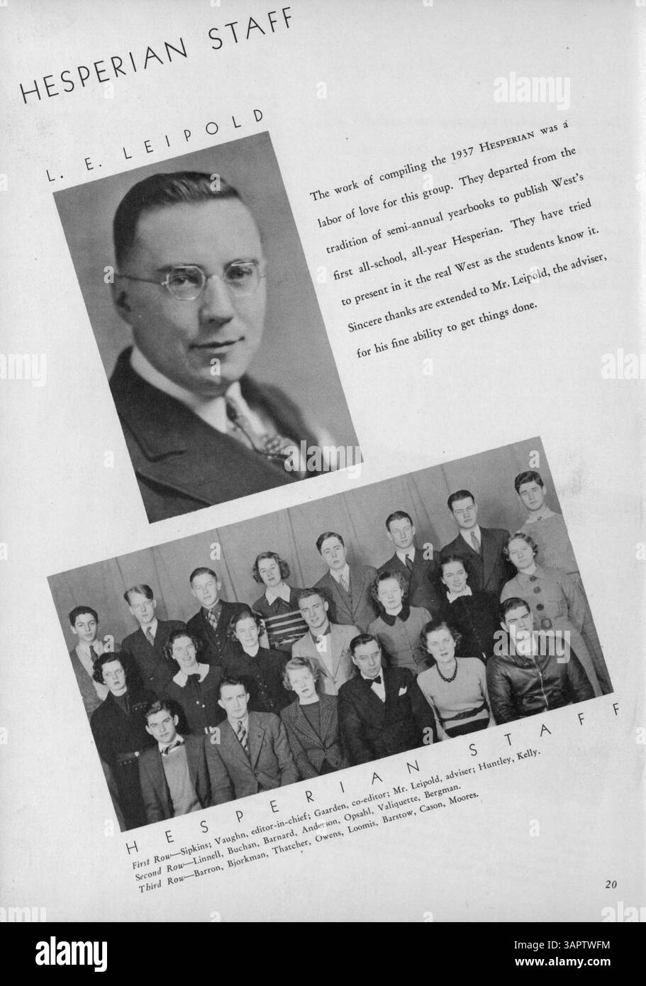 L'annuaire Hesperian 1937 de West High School présente des portraits d'étudiants, des professeurs, des sports, des clubs et les événements majeurs de l'année scolaire 1936-1937/09. Banque D'Images