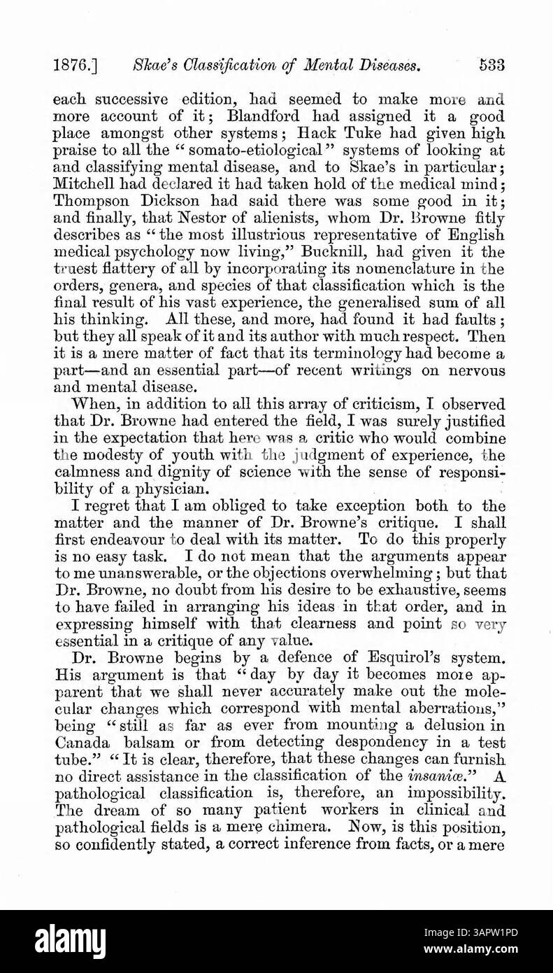 Dr Browne critique la terminologie de Dr Skae dans la classification des maladies mentales, suggérant de se concentrer sur les symptômes plutôt que sur les maladies. Dr Skae s'y oppose, arguant que les symptômes sont distincts des maladies et ne devraient pas être traités comme tels. L’article examine les deux points de vue, en analysant quelle méthode offre une meilleure précision diagnostique pour la santé mentale. Banque D'Images