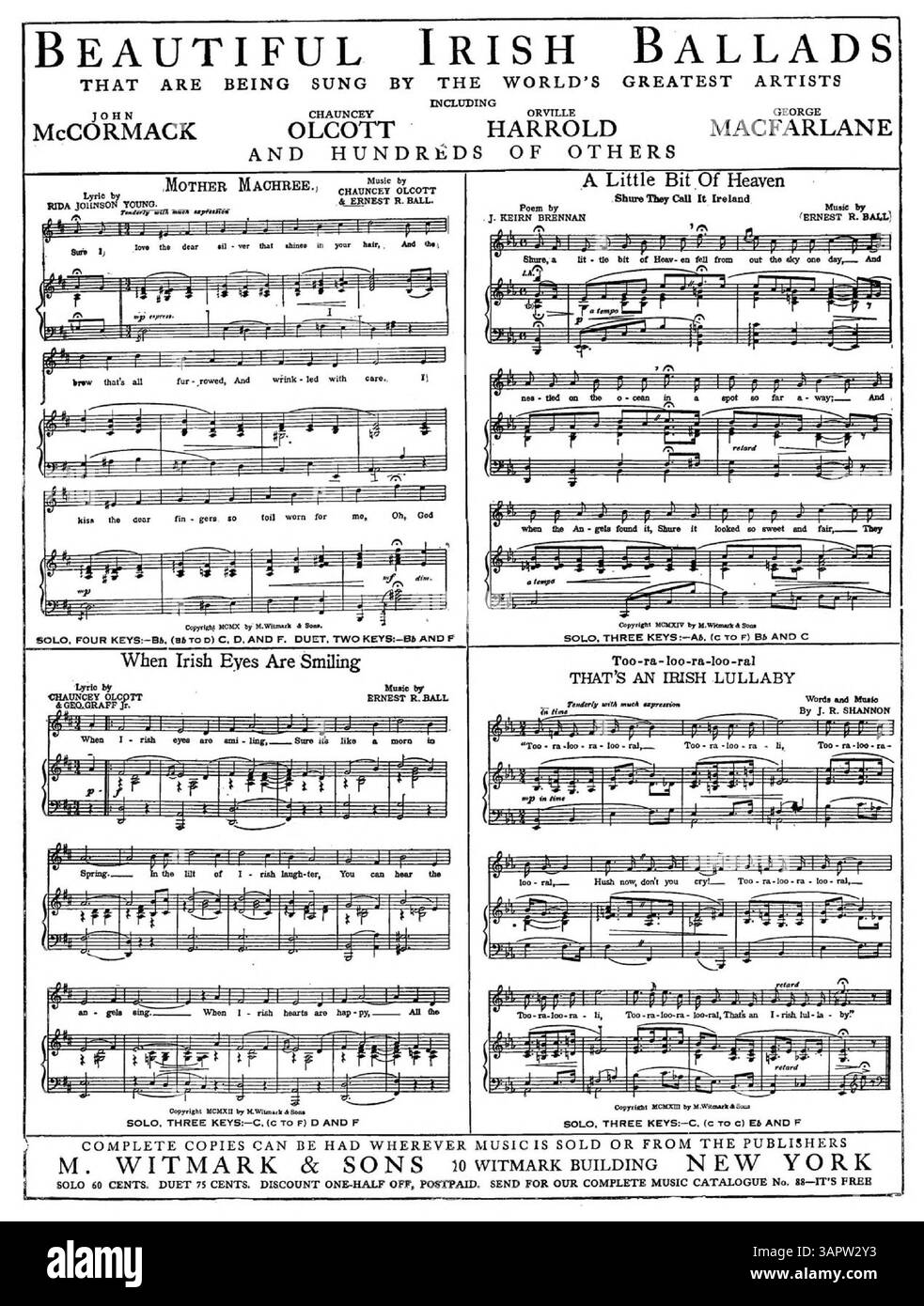 Cette publication contient des extraits de chansons comme 'She's the Daughter of Mother Machree' et 'The Little Grey Mother'. Il promeut « Beautiful Irish Ballads » sur sa couverture arrière, mettant en vedette des chansons comme « There's A long, long Trail ». Banque D'Images