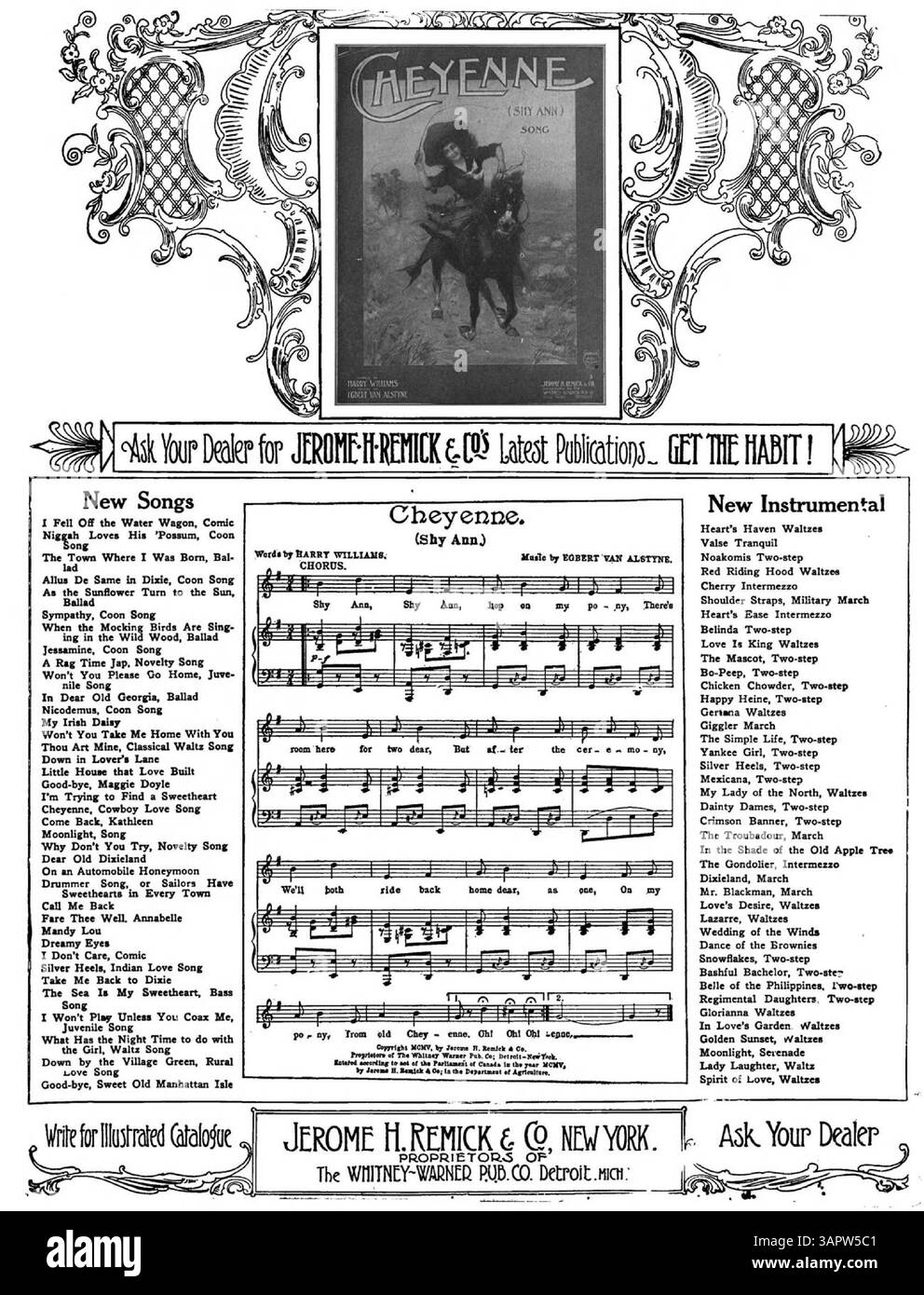 La couverture intérieure présente une publicité pour 'We Seted by the River, Grace and I' de Stanley Crawford, tandis que la couverture arrière fait la promotion de 'Cheyenne (Shy Ann)' de Robert van Alstyne. Banque D'Images
