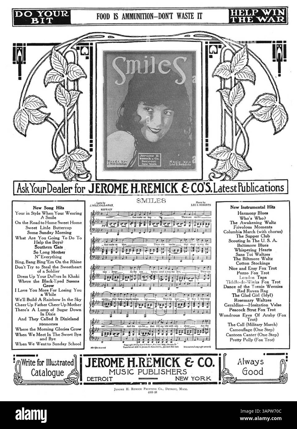 Pièce d'accompagnement de Sweet Bunch of Daisies ; comprend une publicité pour les dernières publications de Jerome H. Remick & Co. et un extrait musical de When We Meet in the Sweet Bye and Bye. Chanson dédiée à Little Miss Audrey Wood. Numéro de plaque : 401583. La couverture arrière présente une publicité pour « Smiles ». Banque D'Images