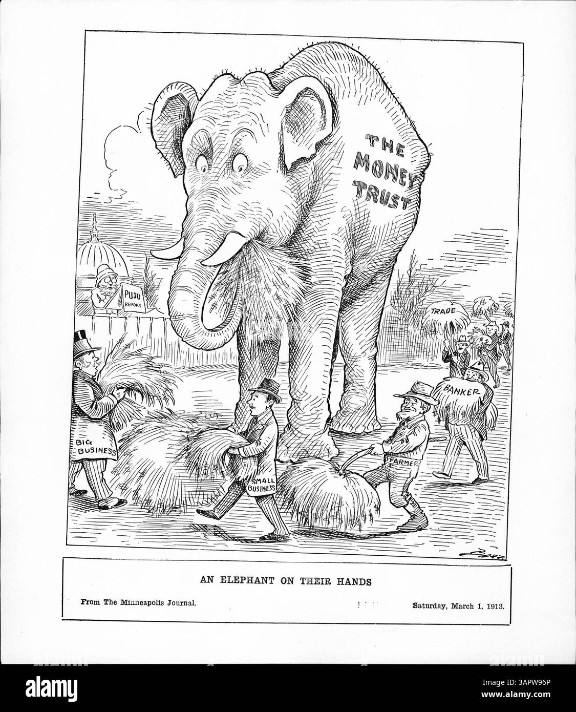 « Un éléphant sur leurs mains » présente un grand éléphant nommé « The Money Trust », qui mange du foin fourni par les grandes entreprises, les petites entreprises, les agriculteurs, les banquiers et le commerce. L'image symbolise la manipulation des marchés monétaires par un groupe de riches chefs d'entreprise. L'enquête du comité Pujo a révélé l'influence de cette cabale financière. Le New York Times a rendu compte des conclusions du Comité Pujo. Banque D'Images