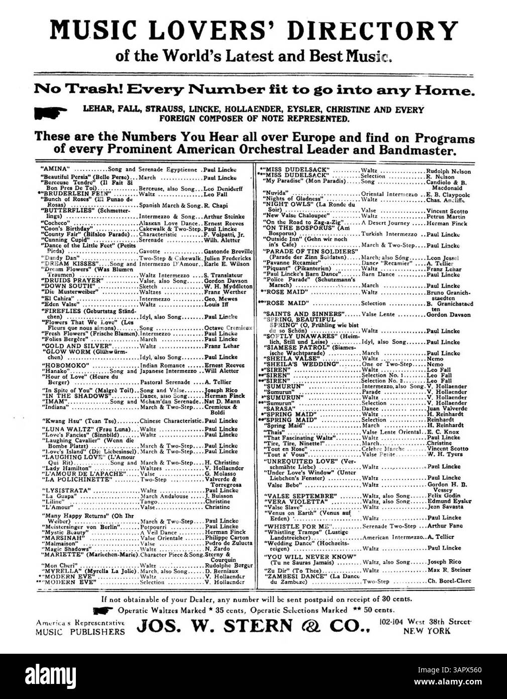 Cette publication, 'Old Erin, The Shamrock and You', comprend une publicité pour le 'Music Lovers' Directory' de Jos. W. Stern & Co. La couverture arrière présente une pleine page d'annonce avec des extraits musicaux de douze chansons populaires utilisées par les meilleurs danseurs américains, imprimées en vert et à l'encre de base, numéro de plaque 7664. Banque D'Images