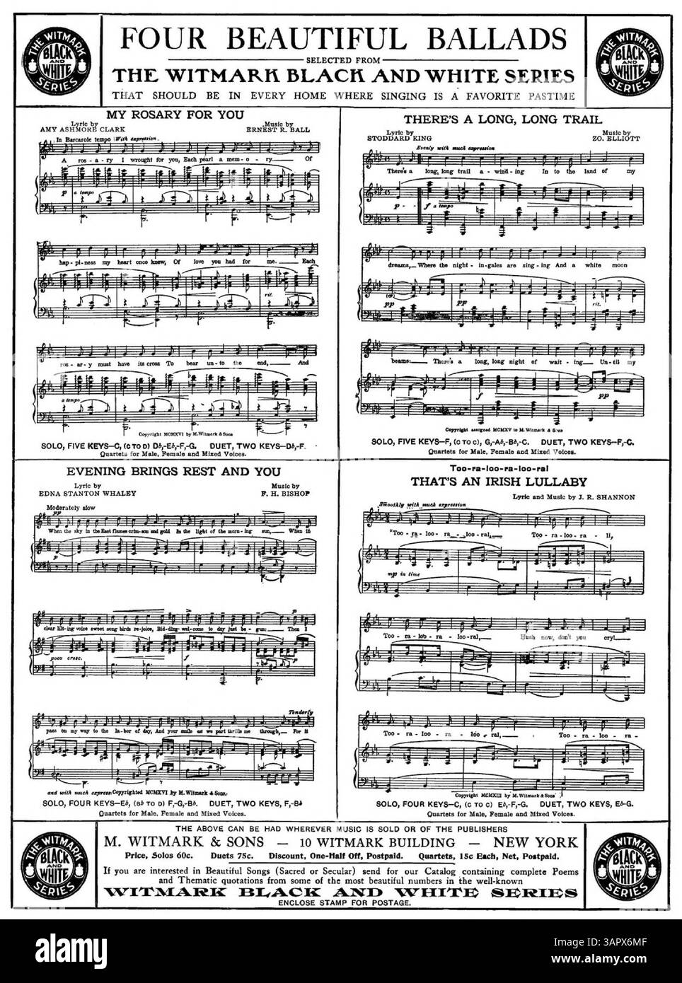 'The Hot Dogs' Fancy Ball' inclut le numéro de plaque M.W.&sons 15333. La couverture arrière présente une grande publicité avec des extraits musicaux de quatre ballades publiées par Witmark : 'My Rosary for You', 'There's a long, long Trail', 'Evening Brands REST and You' et 'Too-RA-loo-RA-Loo-RA ! C'est une berceuse irlandaise. » Banque D'Images