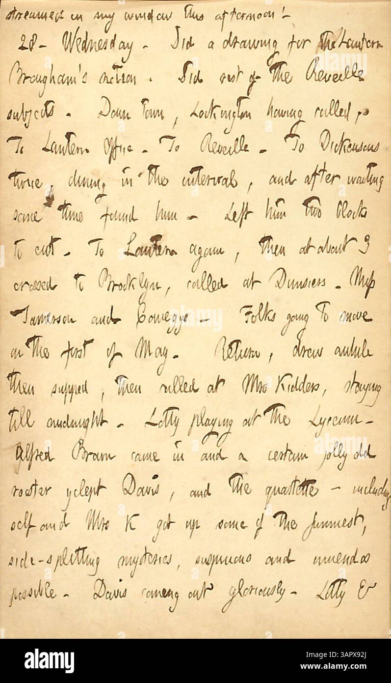 L’entrée dans le journal de Thomas Butler Gunn du 27 au 28 avril 1852, détaille sa visite à la résidence de Rebecca Kidder, ses activités autour de New York et ses interactions avec diverses personnes, y compris un rassemblement social au domicile de MRS Kidder. Banque D'Images