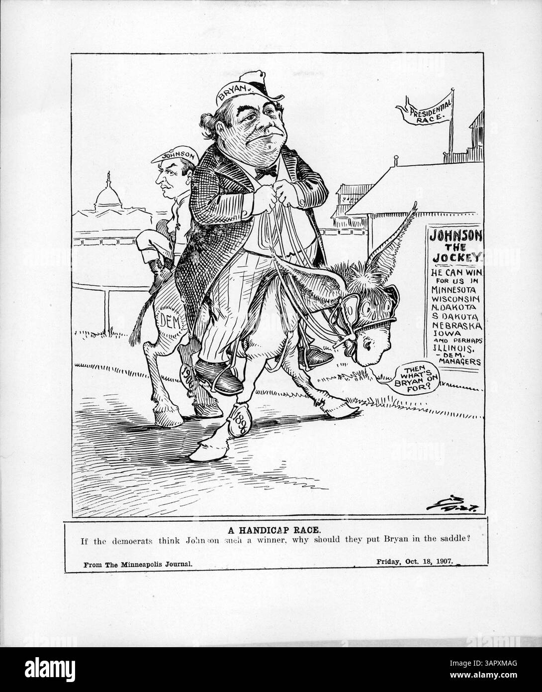 Une caricature politique représentant William Jennings Bryan et John A. Johnson, avec la candidature potentielle de Johnson à la présidence étant remise en question. La caricature critique avec humour la stratégie politique du Parti démocrate. Banque D'Images