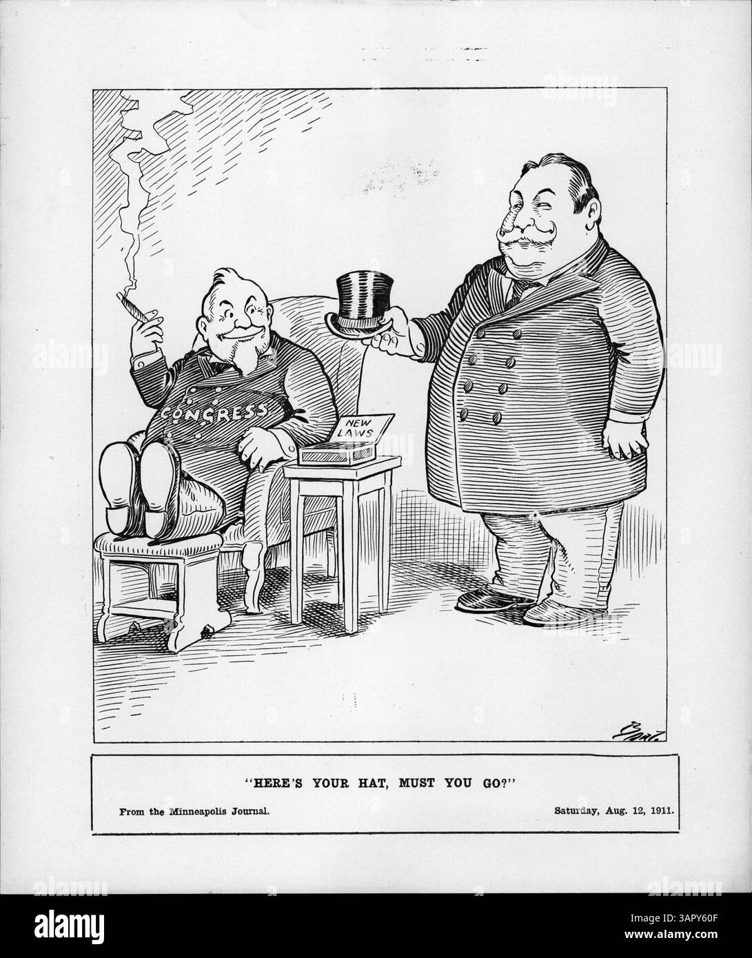 Ce dessin représente le président Taft en train de remettre son chapeau au 62e Congrès américain tout en dégustant un cigare, comme rapporté par le New York Times. Il reflète les derniers jours de la session supplémentaire du Congrès et le vote imminent sur les projets de loi clés. Banque D'Images