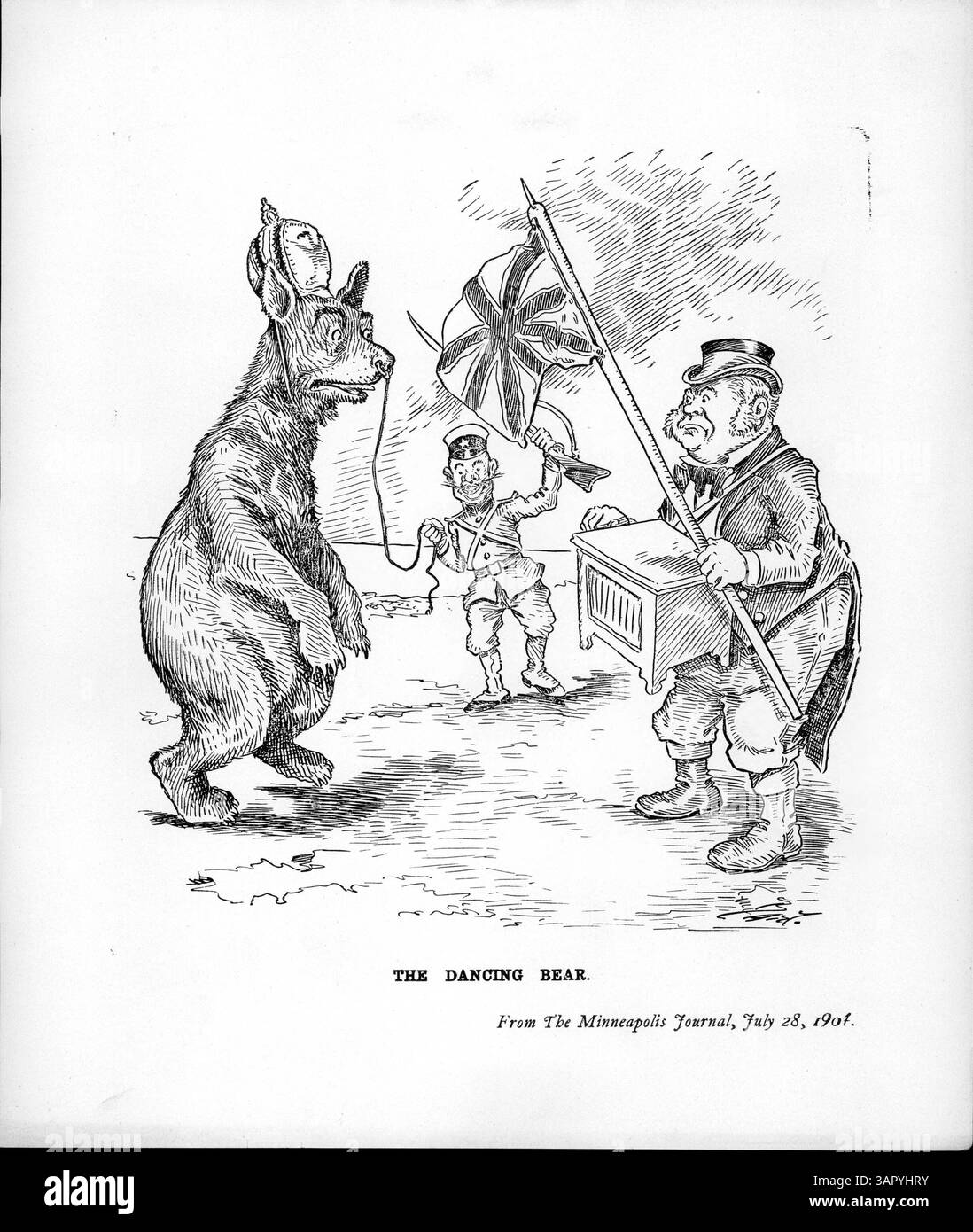 L'ours dansant est un dessin politique représentant les tensions internationales au début du XXe siècle. Il illustre le fait que le Japon exhorte la Russie à se conformer aux exigences, reflétant la situation géopolitique pendant la guerre russo-japonaise et le naufrage d'un navire britannique. Banque D'Images