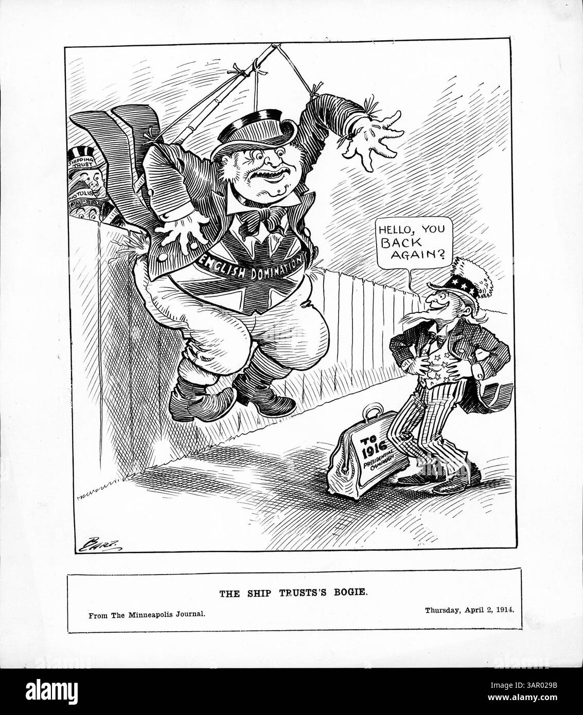Caricature politique représentant l'oncle Sam tenant un sac étiqueté « To 1916 Presidential Campaign », debout au-dessus de l'épouvantail de la domination anglaise soutenu par le Parti No Tolls et le Shipping Trust. Fait référence au débat sur les exemptions de péage du canal de Panama et la politique américaine en 1916. Banque D'Images