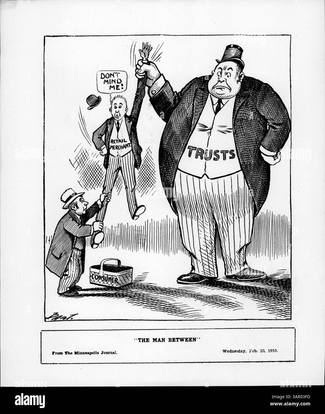 Un homme étiqueté « détaillant » est tiré par un grand homme représentant les fiducies et un petit homme représentant les consommateurs. L’image met en évidence la pression économique entre les fiducies et les consommateurs au début du XXe siècle. Banque D'Images