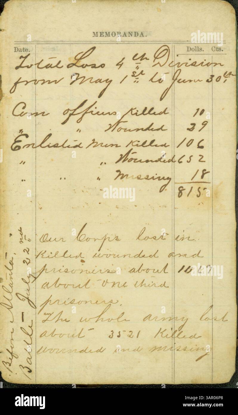 Ce journal de poche, écrit par John T. Clarke, documente les activités du 31st Missouri Infantry en Géorgie pendant la campagne d'Atlanta, y compris des rapports détaillés sur les victimes et les principaux mouvements militaires entre mai et août 1864. Banque D'Images