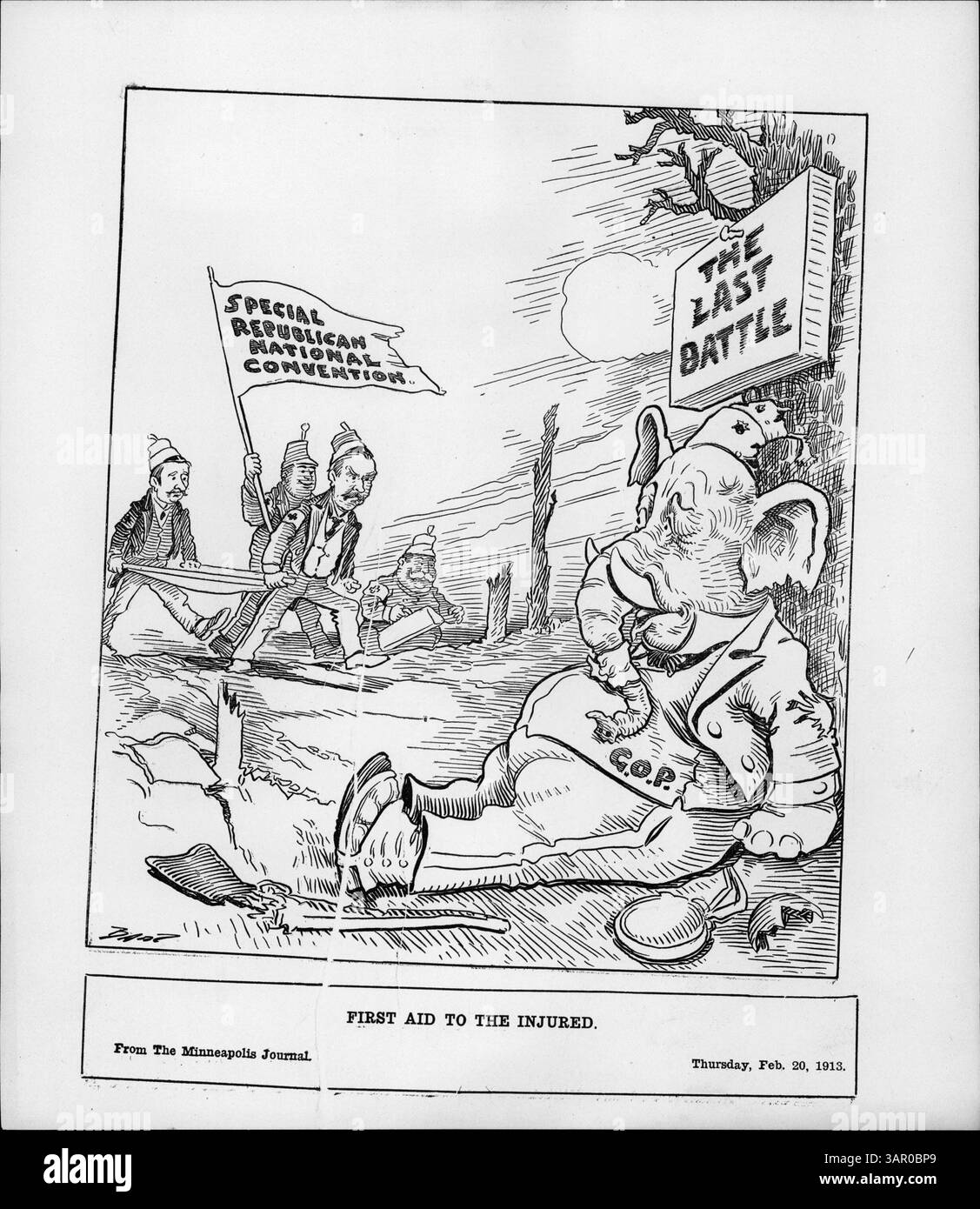 Cette image montre un groupe d'hommes avec des brassards de la Croix-Rouge aidant un éléphant républicain blessé lors d'une convention nationale républicaine spéciale, reflétant les événements politiques et la couverture médiatique. Banque D'Images