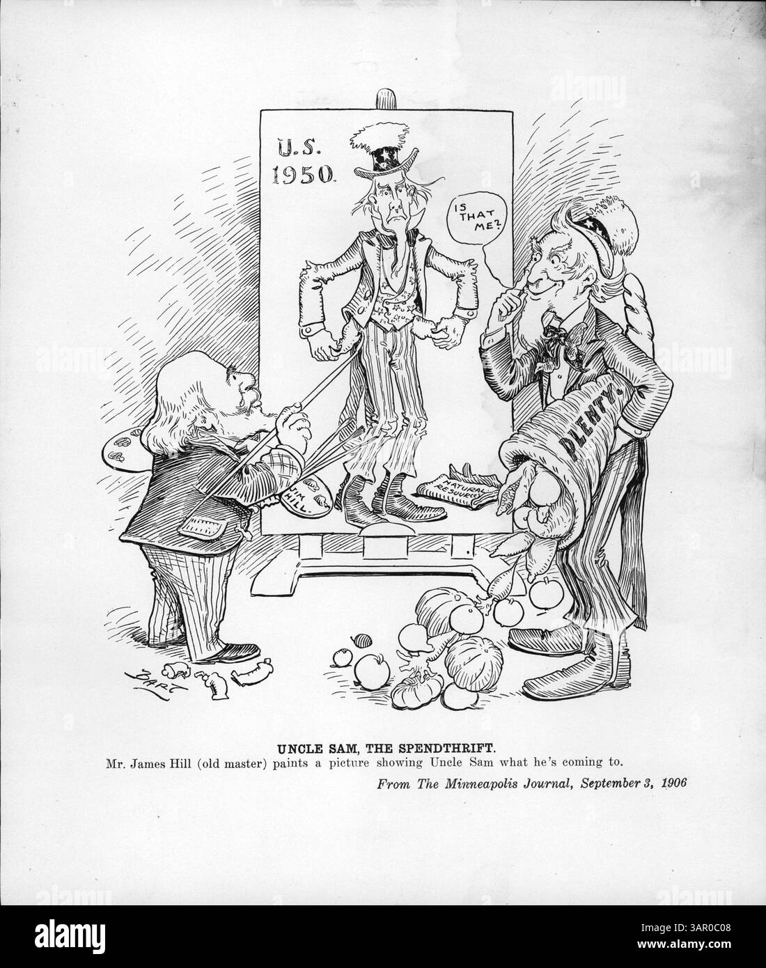 La peinture de 1950 de James Hill représentant l'oncle Sam dépeint une métaphore de l'épuisement imprudent des ressources naturelles aux États-Unis. La peinture présente une cornucopie débordante, symbolisant le gaspillage et l'excès, avec un message sur la durabilité. Banque D'Images