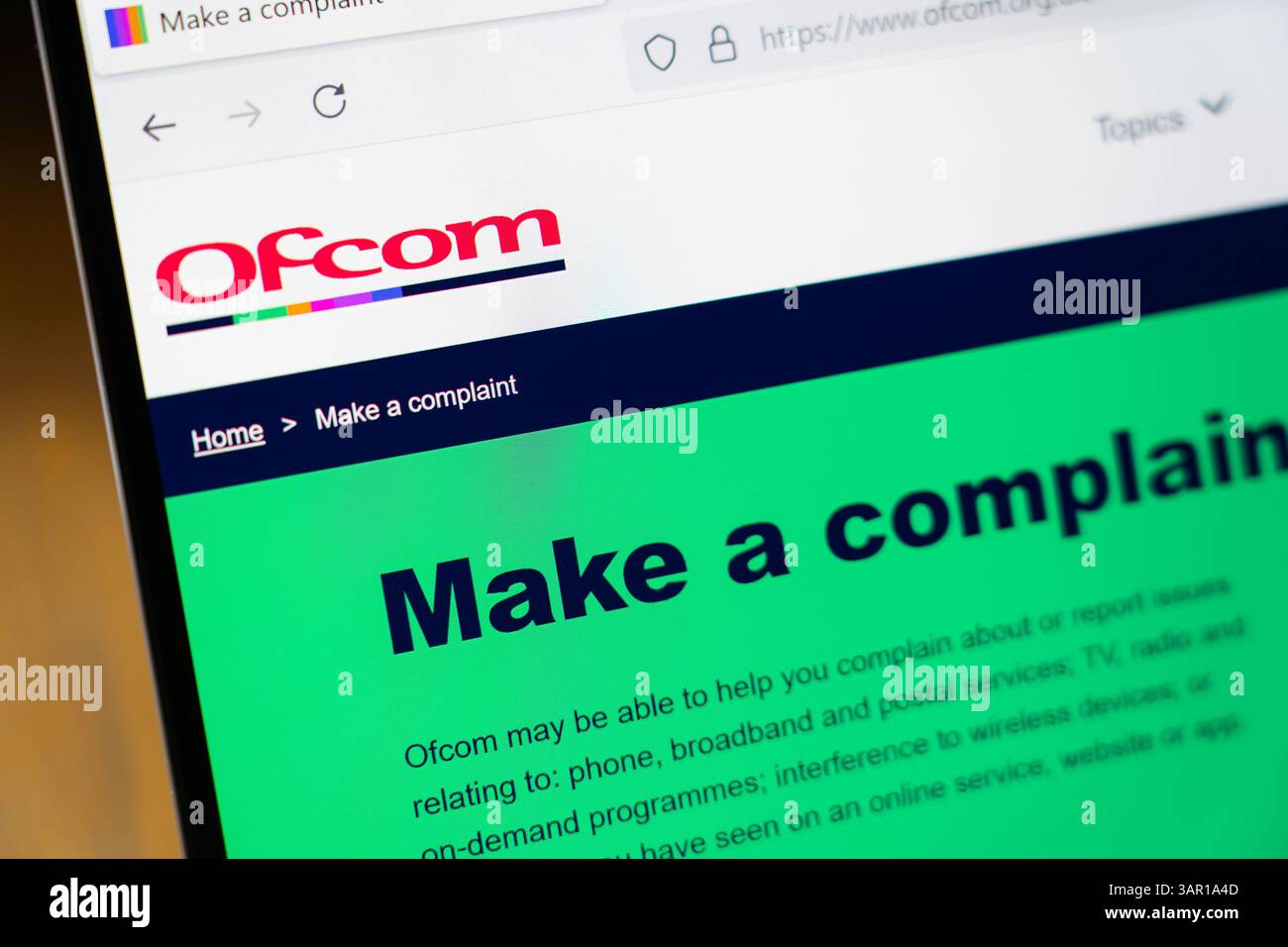 Faites une réclamation sur le site Web de l'Ofcom (Office of Communications), Royaume-Uni. Concept : plainte, téléphone, haut débit et services postaux Banque D'Images
