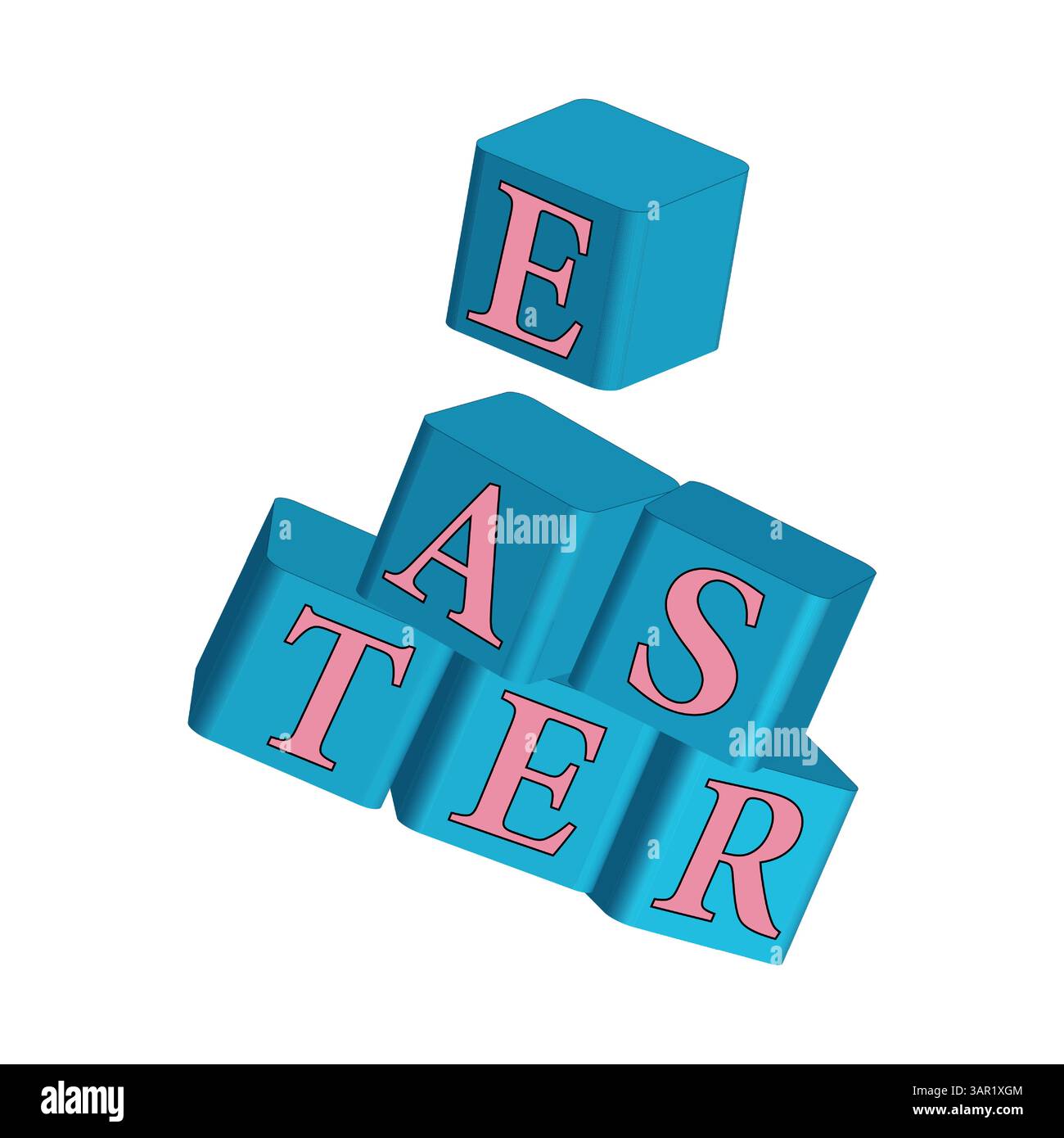 Blocs d'alphabet bleu 3D avec des lettres de Pâques roses empilées ensemble, avec une lettre flottant au-dessus des autres. Dessin de couleurs vectorielles. Illustration de Vecteur