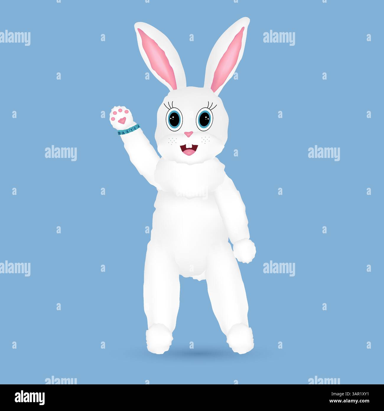 Lapin de Pâques anthropomorphe blanc 3D personnage avec de grands yeux bleus agitant sa patte sur un fond bleu. Bracelet avec inscription de Pâques. Illustration de Vecteur Lapin de Pâques anthropomorphe blanc 3D personnage avec de grands yeux bleus agitant sa patte sur un fond bleu. Bracelet avec inscription de Pâques. Illustration de Vecteur