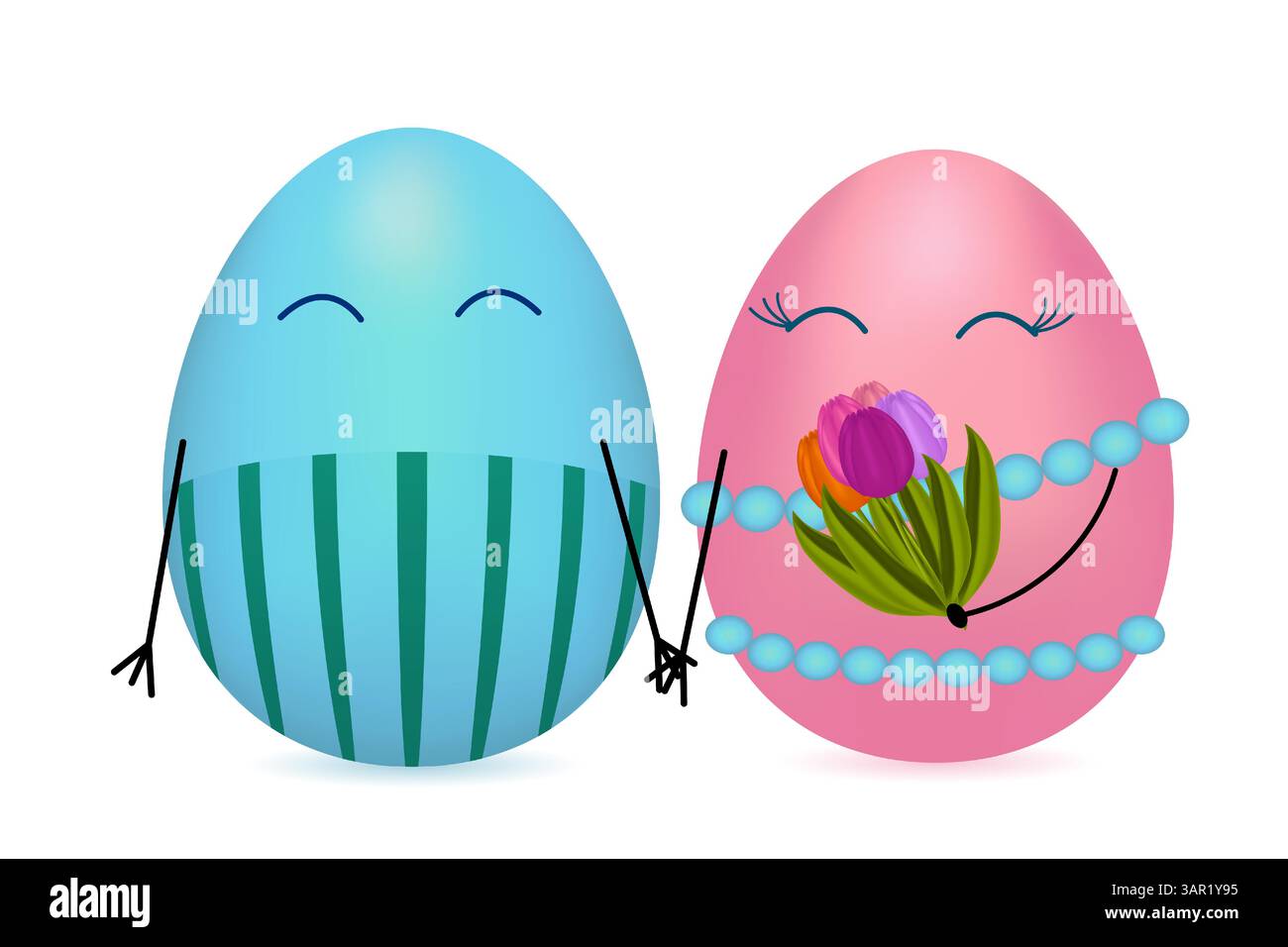 Adorable couple de personnages d'œufs de Pâques anthropomorphes 3D bleus et roses mettant en vedette une famille heureuse tenant les mains bouquet de tulipes de fleurs de printemps fraîches Illustration de Vecteur