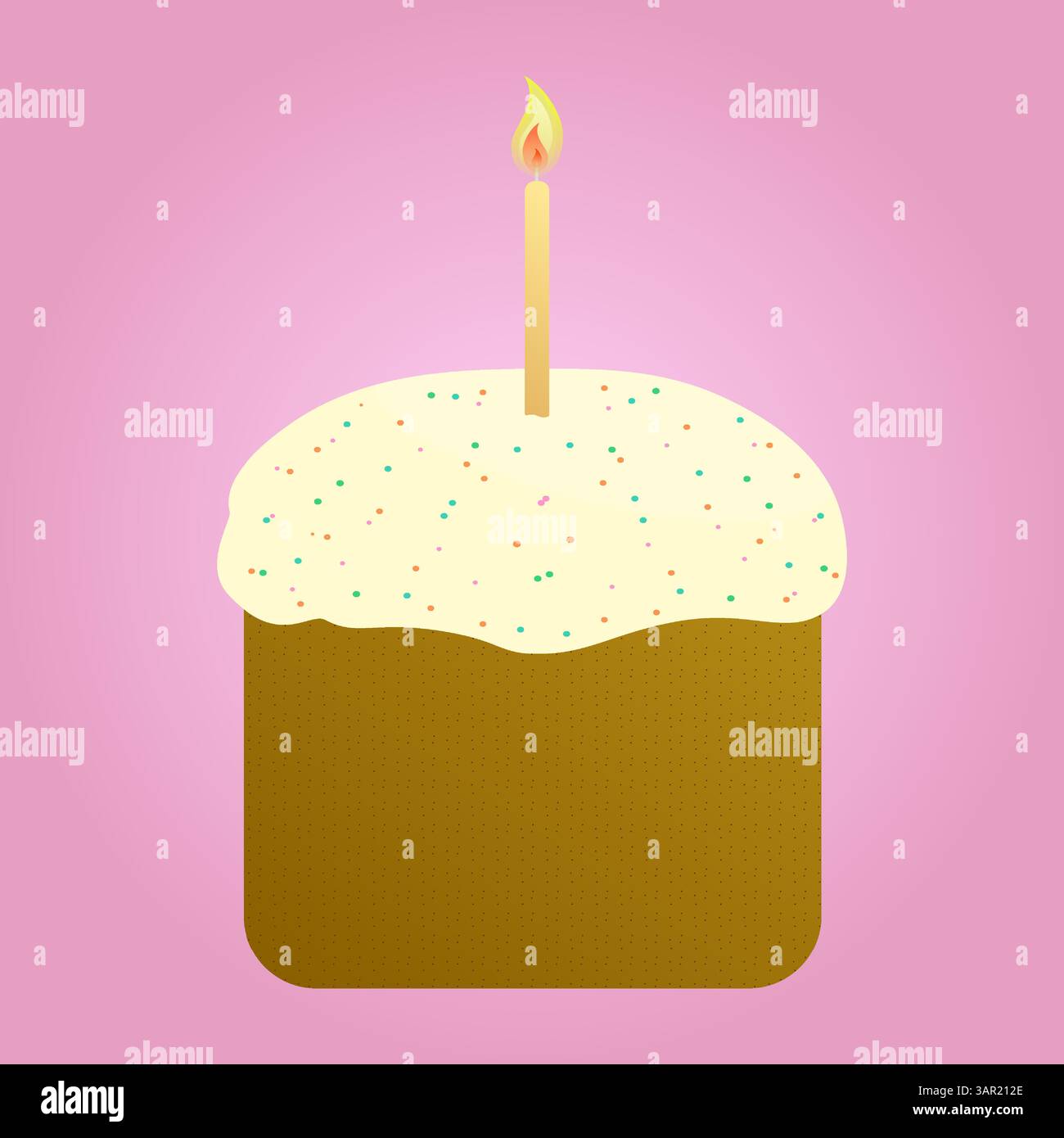 Gâteau de Pâques religieux national traditionnel - kulich - avec glaçage, saupoudres, et une bougie allumée sur un fond rose. Dessin vectoriel. Illustration de Vecteur