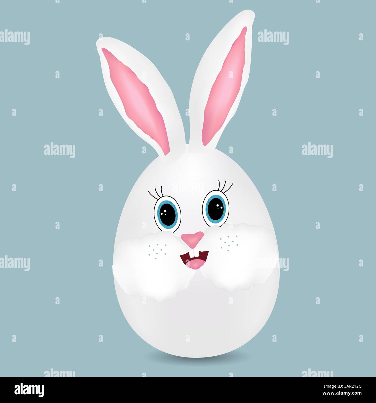 Personnage anthropomorphe 3D oeuf de lapin de Pâques avec les yeux bleus, les oreilles roses et souriant sur fond gris. Dessin de couleurs vectorielles. Parfait pour les vacances Illustration de Vecteur Personnage anthropomorphe 3D oeuf de lapin de Pâques avec les yeux bleus, les oreilles roses et souriant sur fond gris. Dessin de couleurs vectorielles. Parfait pour les vacances Illustration de Vecteur