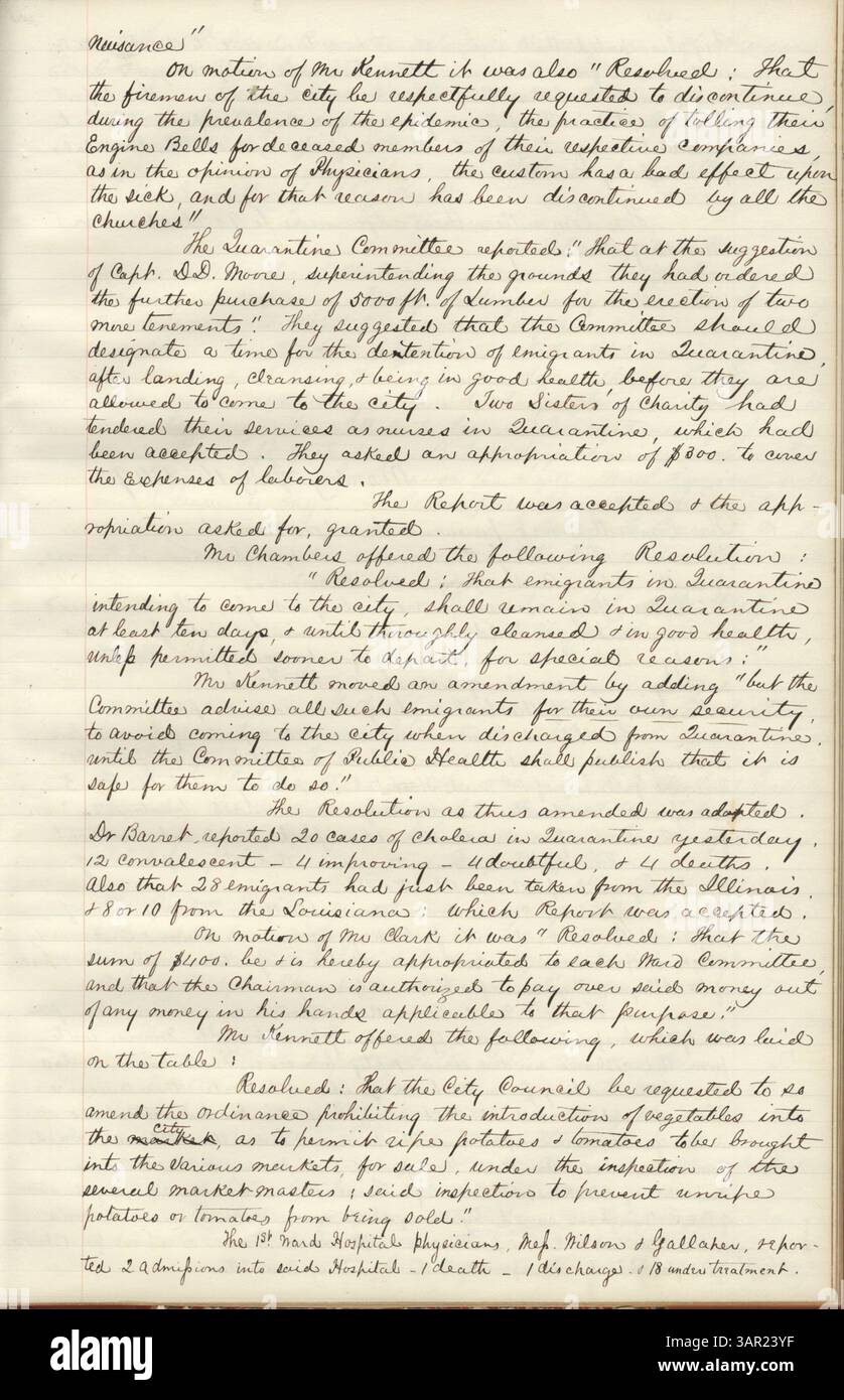 Ce registre des procès-verbaux rend compte des délibérations du Comité de santé publique créé Louis, énumérant des noms tels que Mr. Kennett, Capt. D.D. Moore, Sisters of Charity, Dr Barret, Mr. Clark, Mr. Wilson, et Mr. Gallaher. Banque D'Images