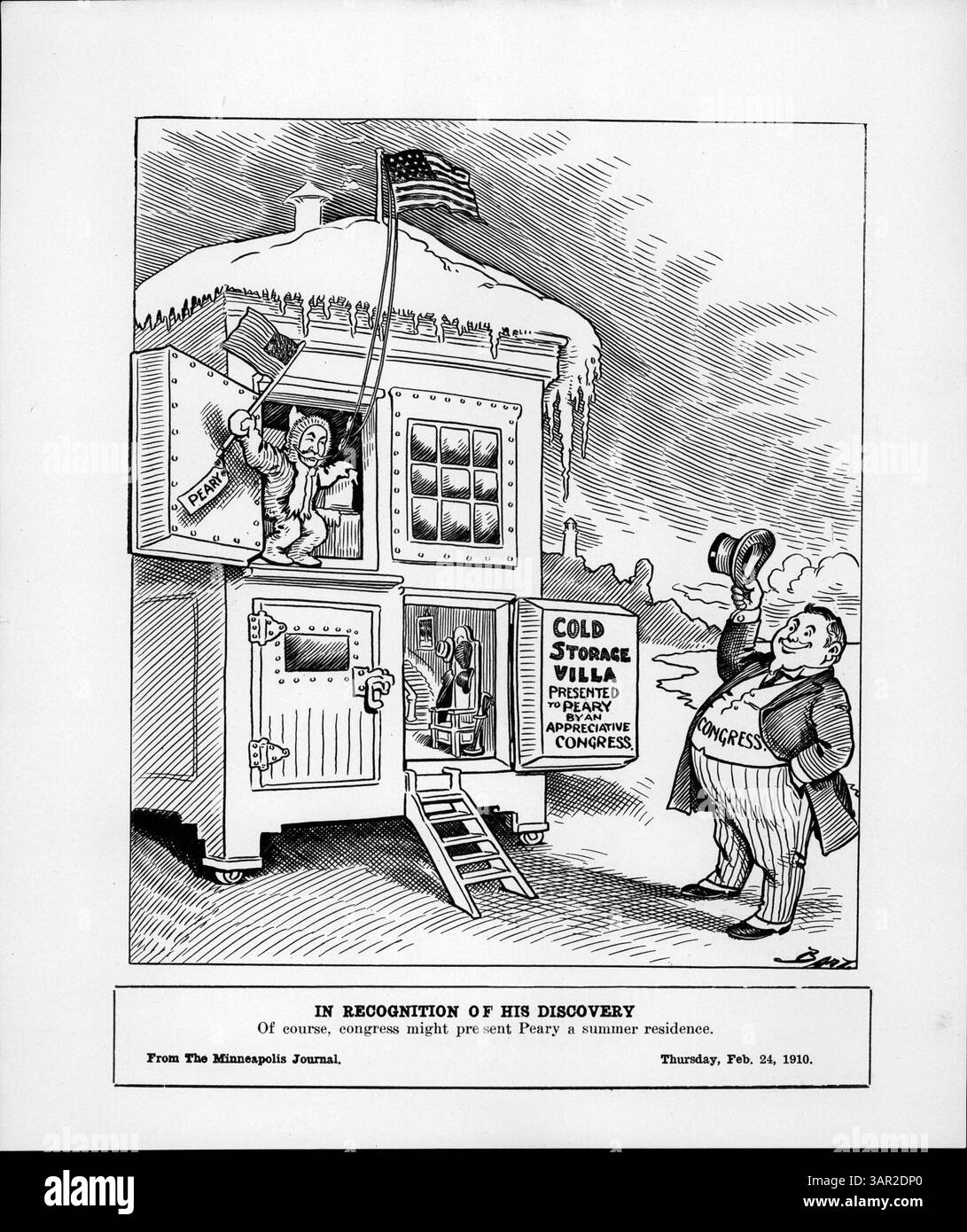 Illustration satirique montrant l'explorateur Robert Peary devant une « Villa froide », alors que le Congrès débat pour lui décerner une médaille d'or pour son expédition polaire. Banque D'Images
