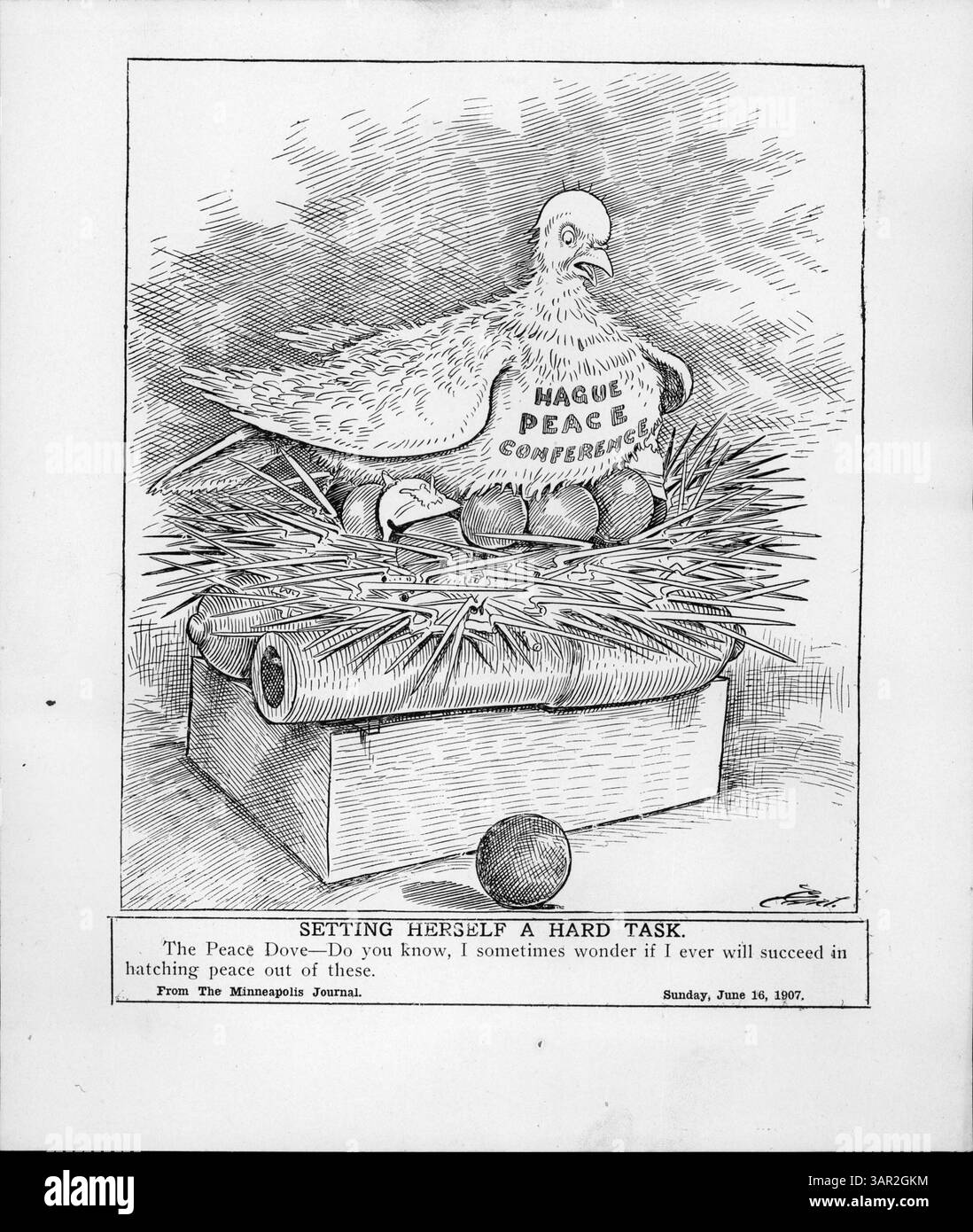 Une représentation de la colombe de la paix assise sur un nid fait de canons et de baïonnettes, avec des œufs comme des boulets de canon, symbolisant la tâche difficile de parvenir à la paix au milieu de la puissance militaire. La Conférence de paix de la Haye était imminente, et les Nations gardaient de grandes armées. Banque D'Images Une représentation de la colombe de la paix assise sur un nid fait de canons et de baïonnettes, avec des œufs comme des boulets de canon, symbolisant la tâche difficile de parvenir à la paix au milieu de la puissance militaire. La Conférence de paix de la Haye était imminente, et les Nations gardaient de grandes armées. Banque D'Images