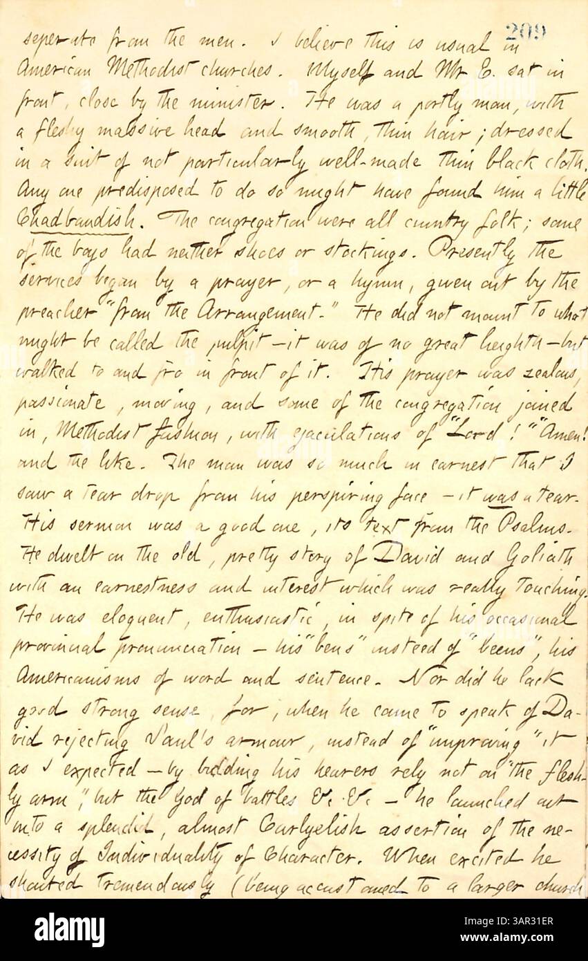 Dans le volume 9, page 232 des journaux intimes de Thomas Butler Gunn, daté du 17 octobre 1858, il décrit avoir assisté à un sermon dans une église méthodiste à Elmira, New York. La transcription fournit un compte rendu détaillé du service de l'église et de la congrégation. Banque D'Images