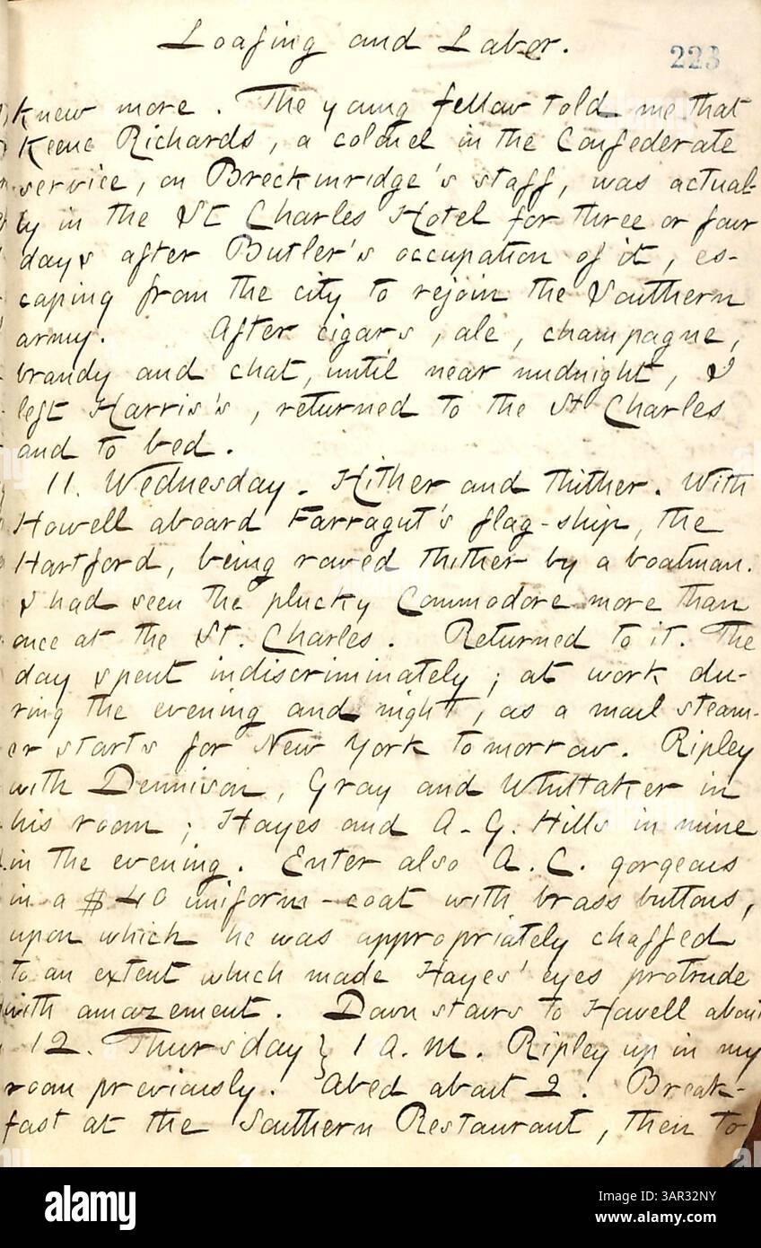 Dans son journal du 10 au 12 février 1863, Thomas Butler Gunn se souvient d'une rencontre avec Keene Richards, un colonel confédéré. Richards avait cherché refuge à l'hôtel produit Charles après avoir échappé aux forces de l'Union et y restait pendant plusieurs jours. Gunn passa du temps à socialiser, y compris des cigares et des boissons, avant de retourner à l'hôtel. L'entrée touche également à la présence navale du Commodore Farragut et de son navire. Banque D'Images