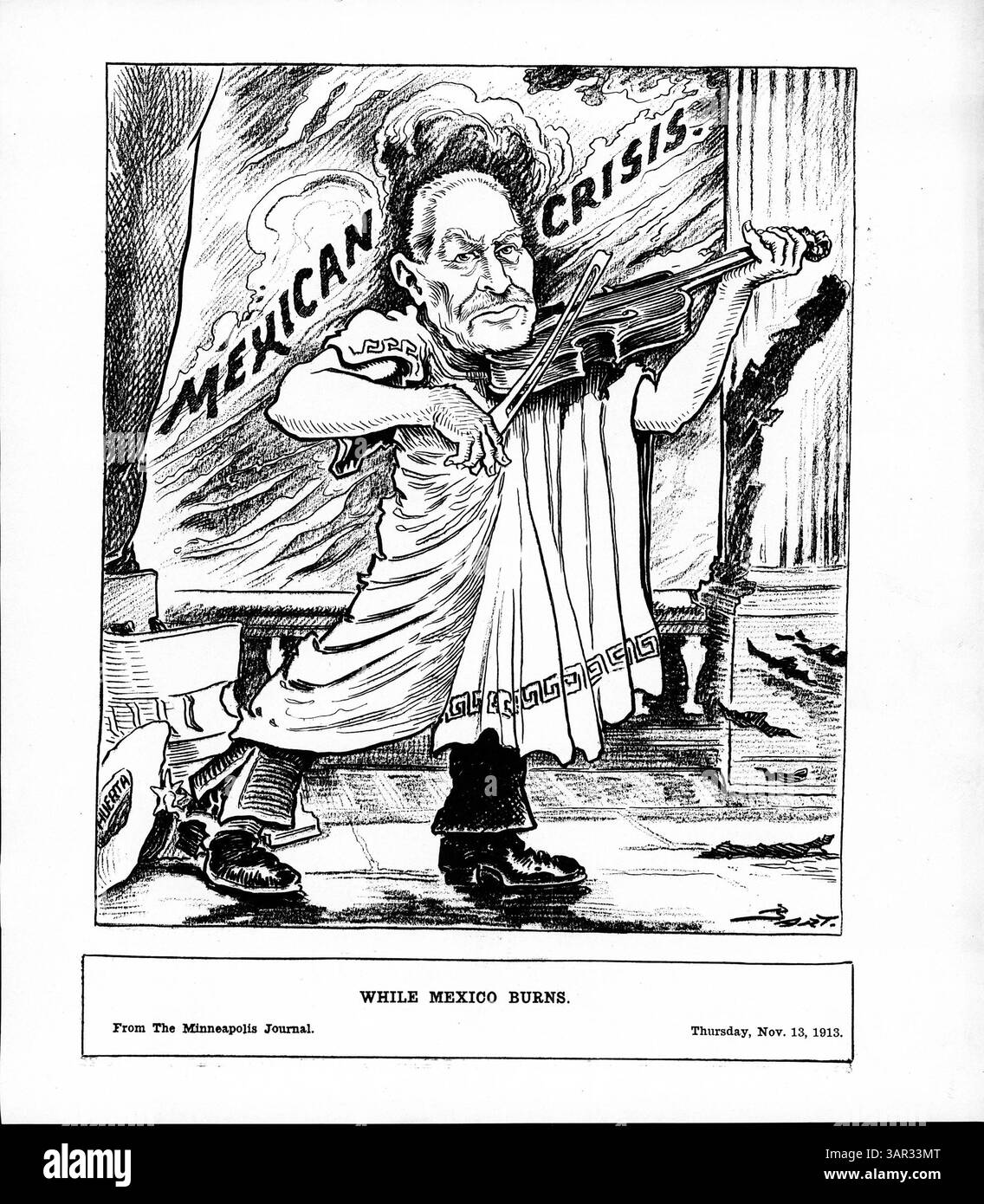 La caricature "While Mexico Burns" représente le président mexicain Victoriano Huerta jouant du violon alors que le pays fait face à l'agitation de la crise mexicaine, faisant référence à la négligence de Néron pour la destruction de Rome. Le New York Times rapporte que Huerta ignore les appels à sa démission, ce qui conduit à la non-reconnaissance continue des États-Unis. Banque D'Images