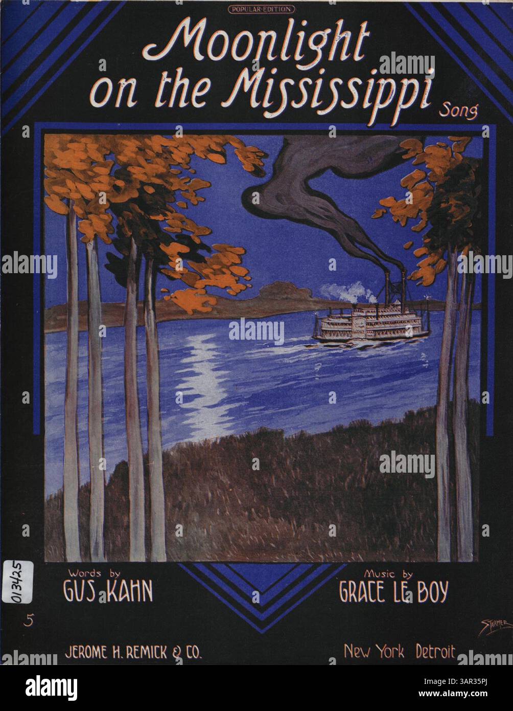 La couverture arrière de 'Moonlight on the Mississippi' présente une publicité pleine page pour les dernières publications de Jerome H. Remick & Co. Cette pièce représente une vue nostalgique du Mississippi. Banque D'Images