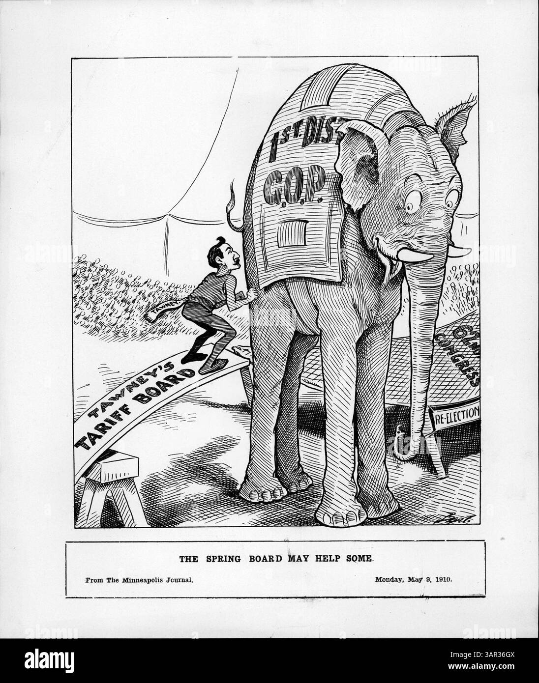Ce dessin animé de 1910 représente Tawney, étiqueté sur un tremplin, tentant de sauter sur un grand éléphant GOP, symbolisant sa candidature infructueuse pour la nomination républicaine au Congrès dans le 1er district. Banque D'Images
