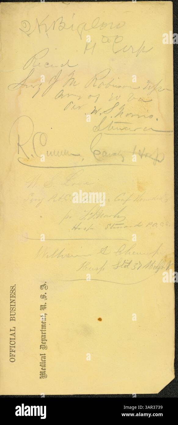 Enveloppe utilisée pour les affaires officielles du département médical des États-Unis entre 1861 et 1865. Il porte les signatures de divers chirurgiens et est un artefact important de la guerre de Sécession, reflétant la logistique médicale en temps de guerre. Banque D'Images