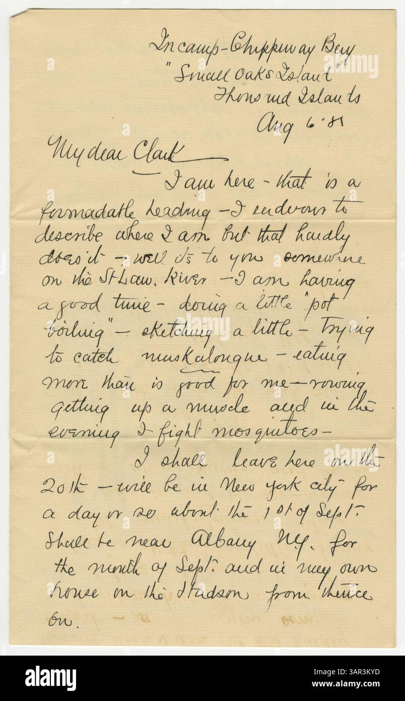 Frederic Remington écrit à P.H. Clarke de Small Oaks Island, décrivant ses expériences de camping et de pêche sur le fleuve Lawrence, y compris le croquis et la lutte contre les moustiques. La lettre comprend un croquis de son camping et l'enveloppe. Banque D'Images